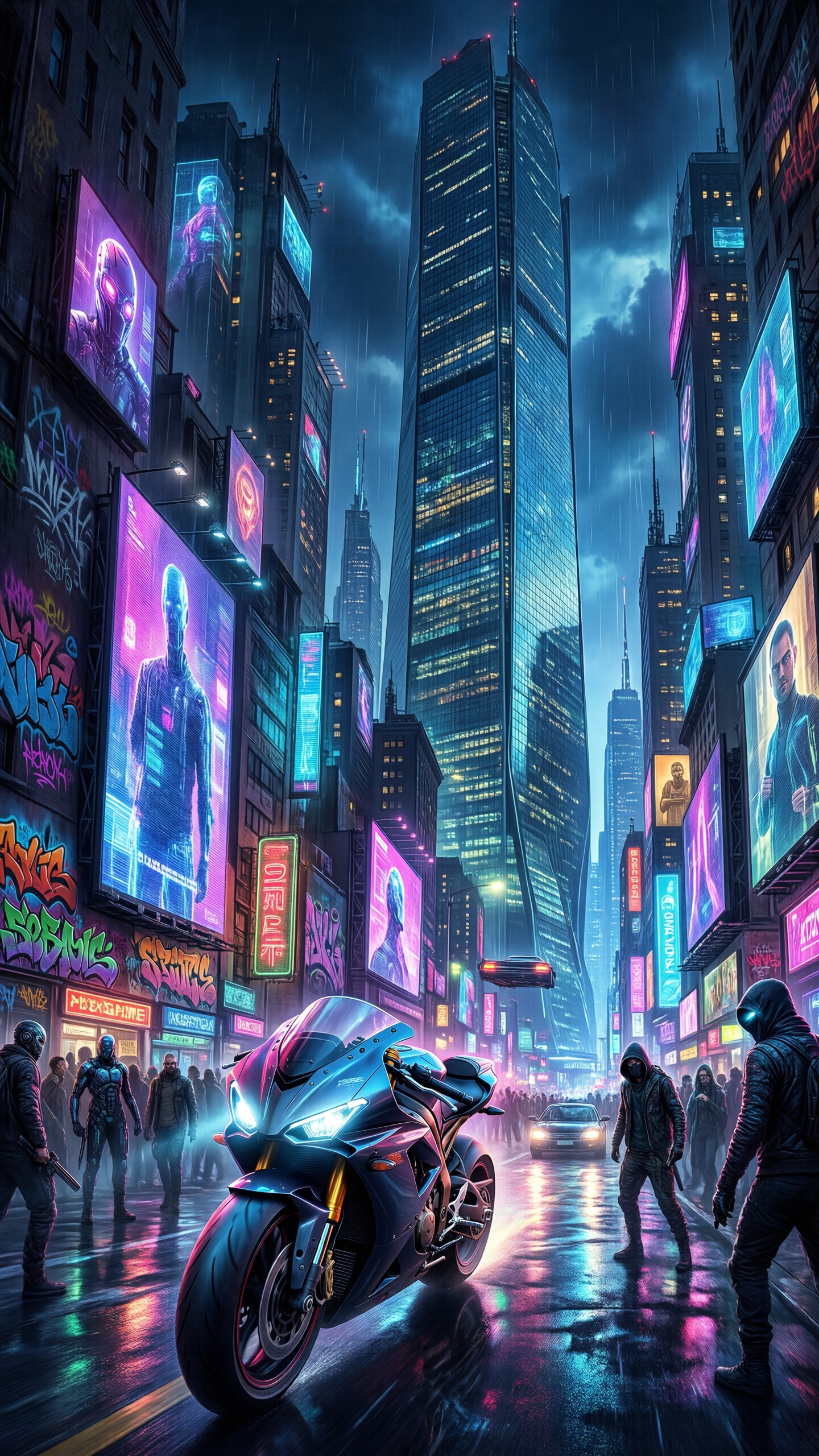 Cyberpunk Cityscape Motorcycle - AI generated wallpaper
