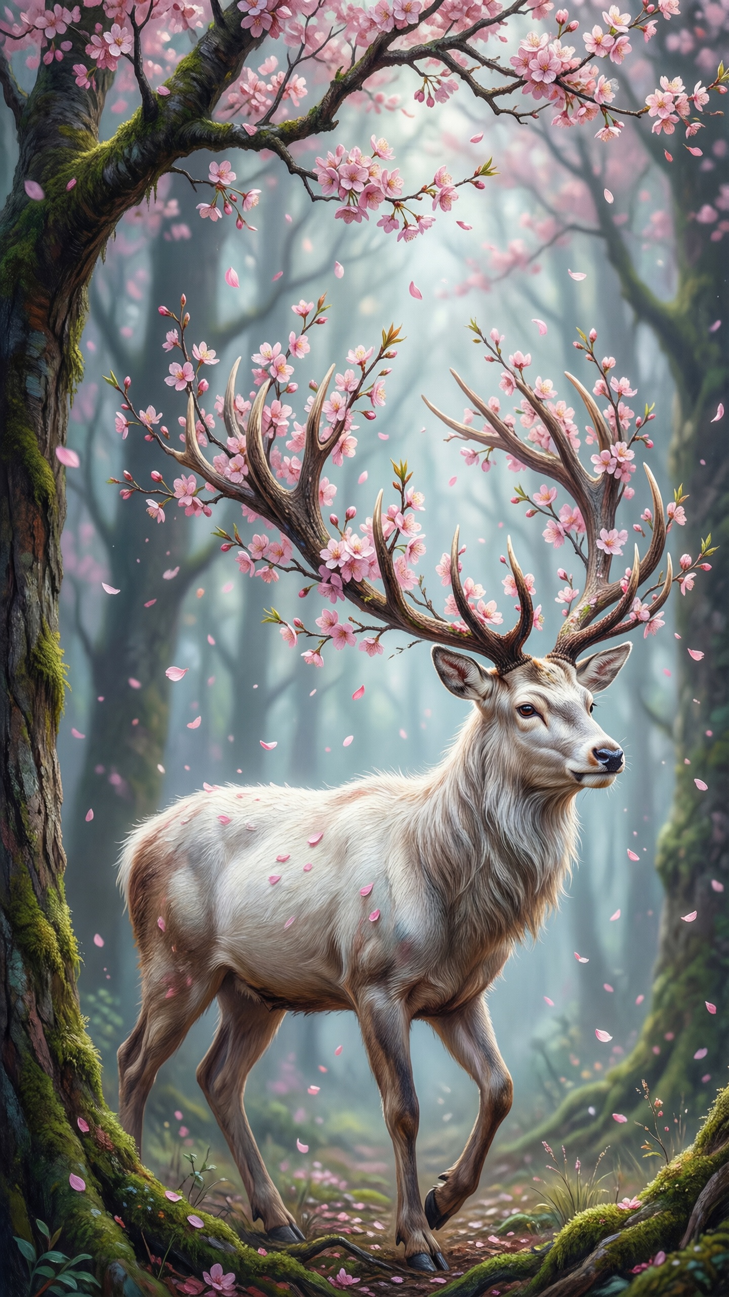 Cherry Blossom Stag in Enchanted Forest - AI generated wallpaper