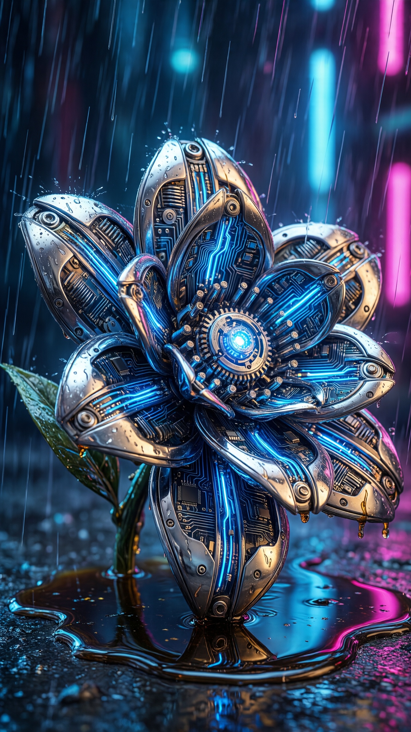 Cybernetic Lotus in Neon Rain - AI generated wallpaper