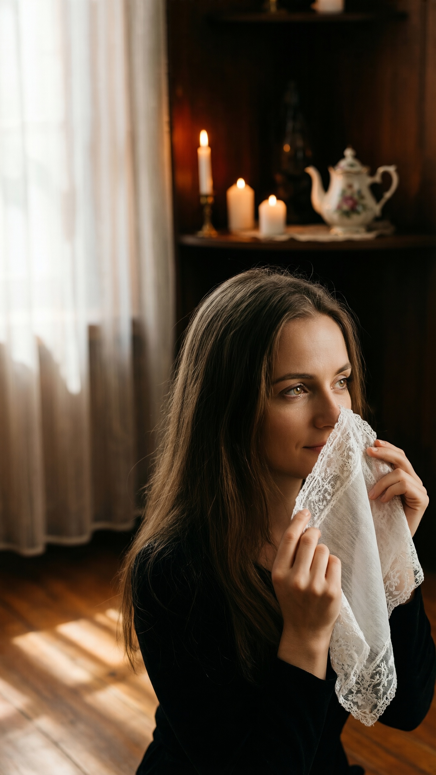 Mysterious Woman with Lace Handkerchief - AI generated wallpaper