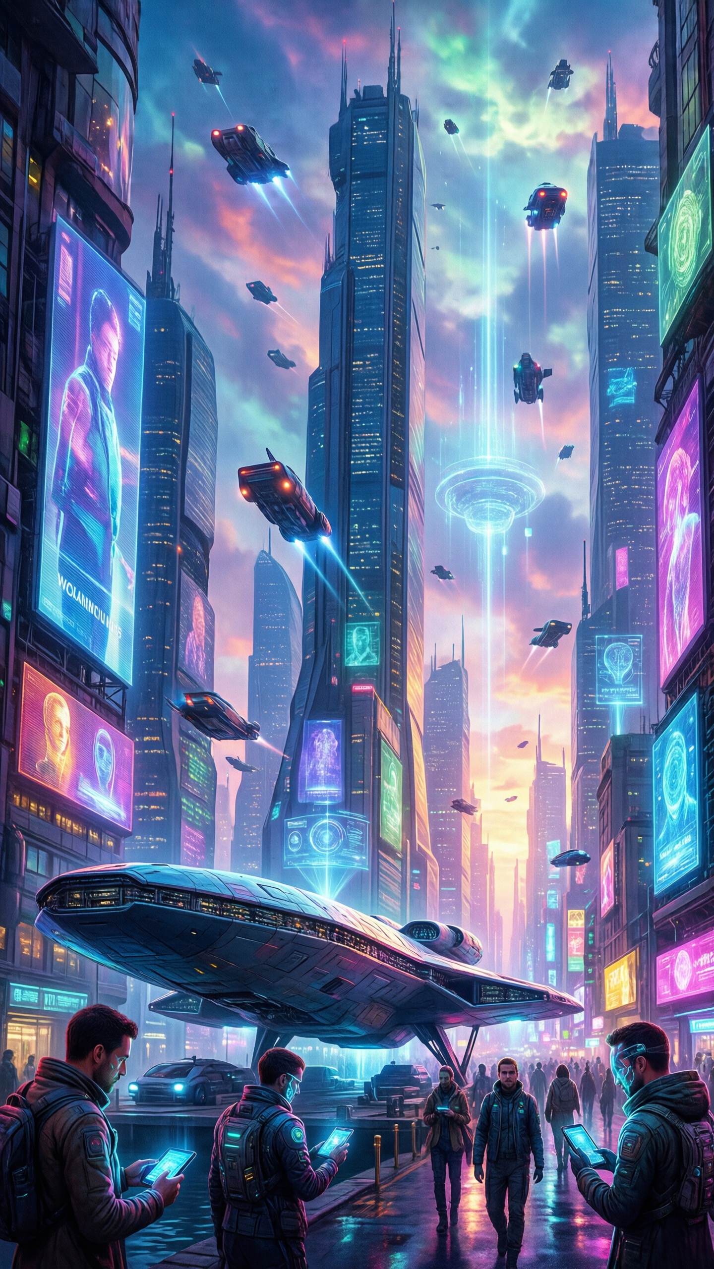 Cyberpunk Cityscape with Hovercrafts - AI generated wallpaper