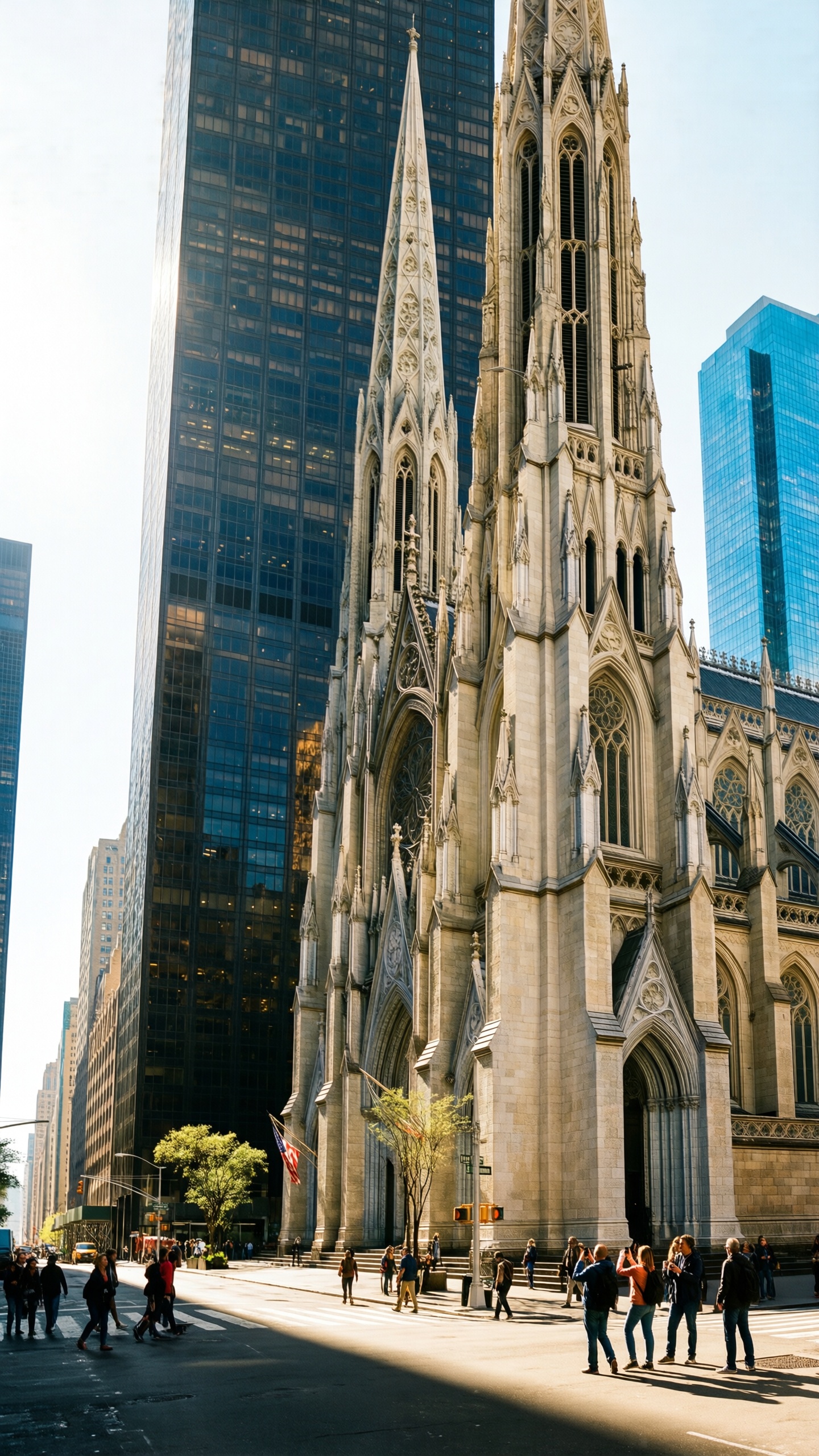 Gothic Cathedral Amidst Modern Skyscrapers - AI generated wallpaper