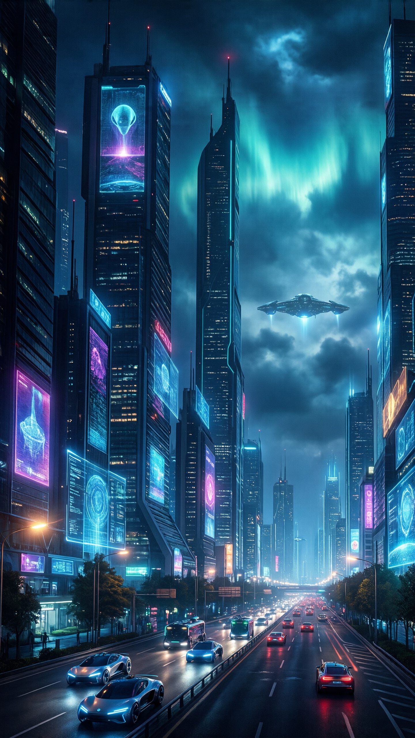Cyberpunk Cityscape With Futuristic Vehicles 3 - AI generated wallpaper