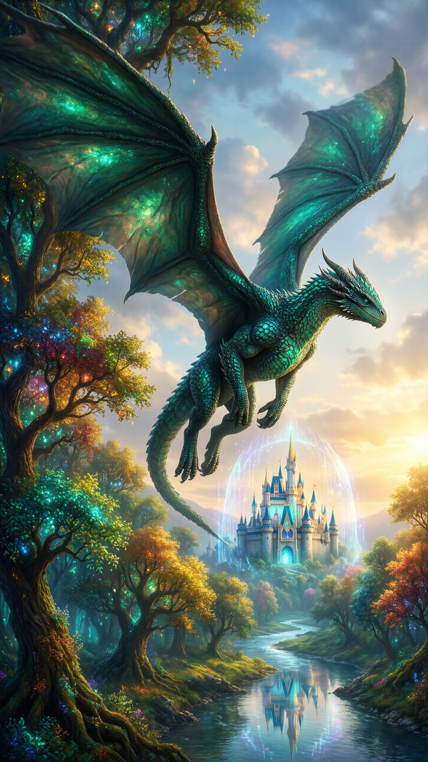 Enchanted Dragon over Fairytale Castle - AI generated wallpaper