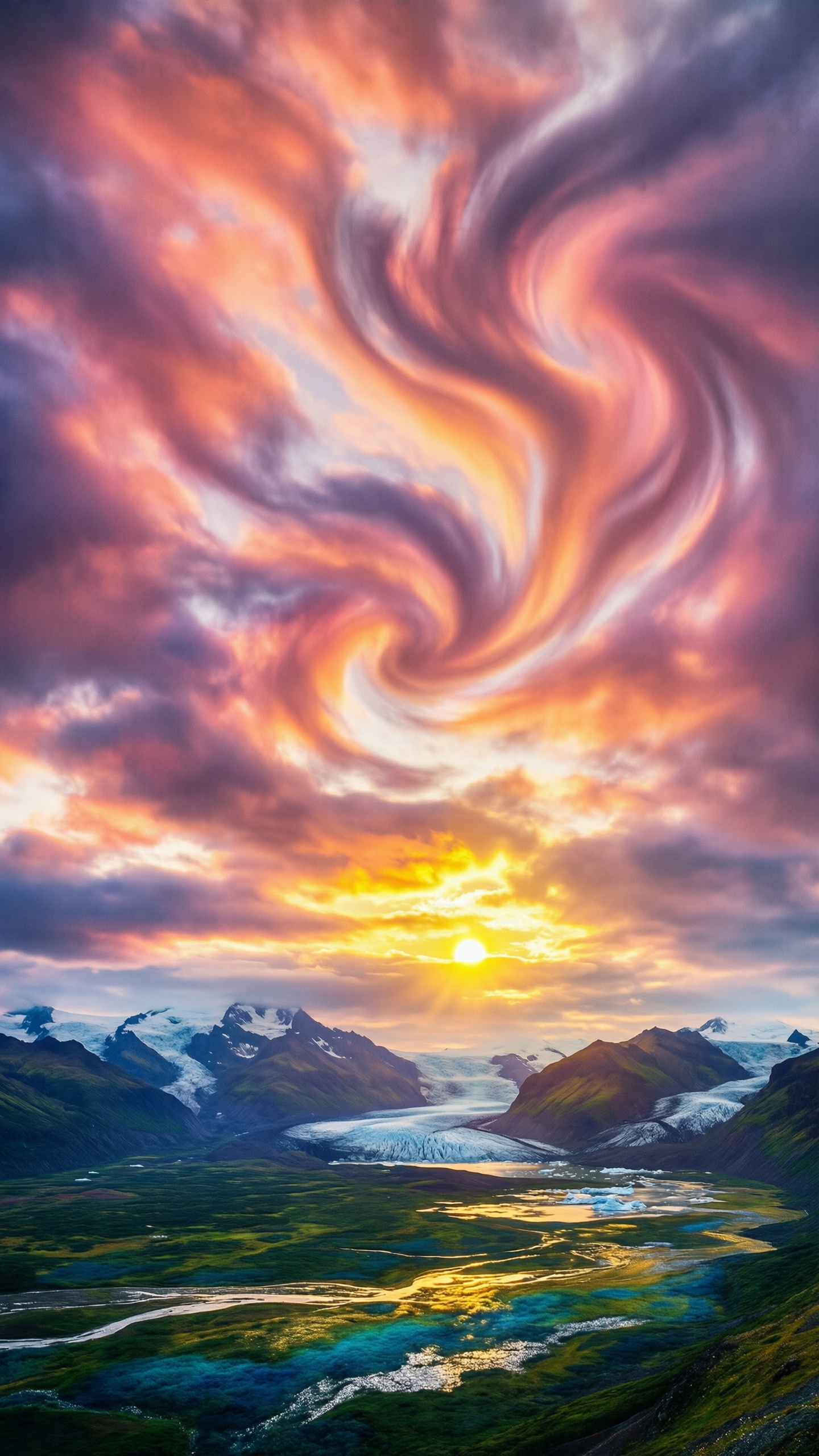 Whirlwind Sunset Over Glacier - AI generated wallpaper