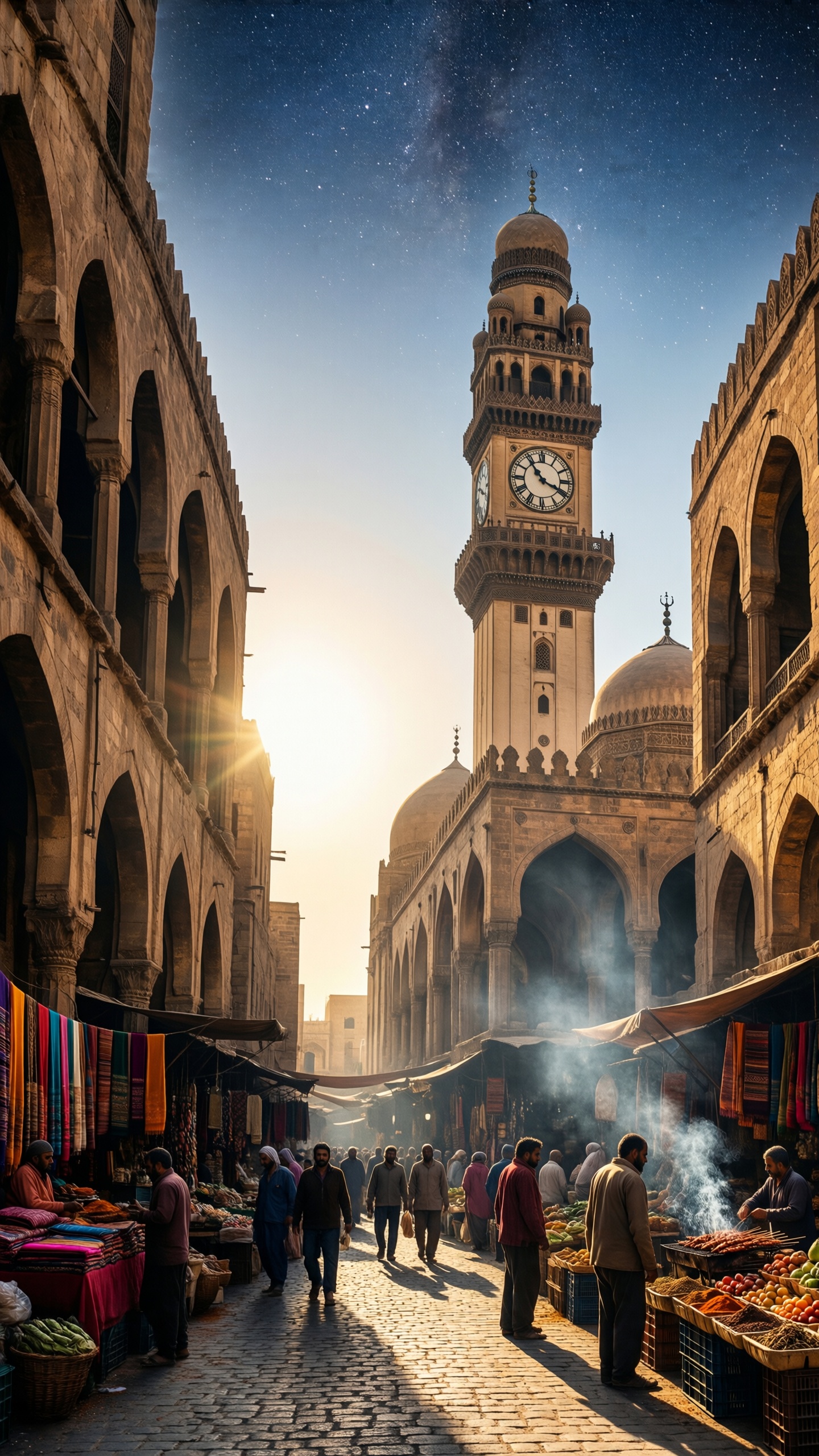 Sunlit Market Under Starry Sky - AI generated wallpaper