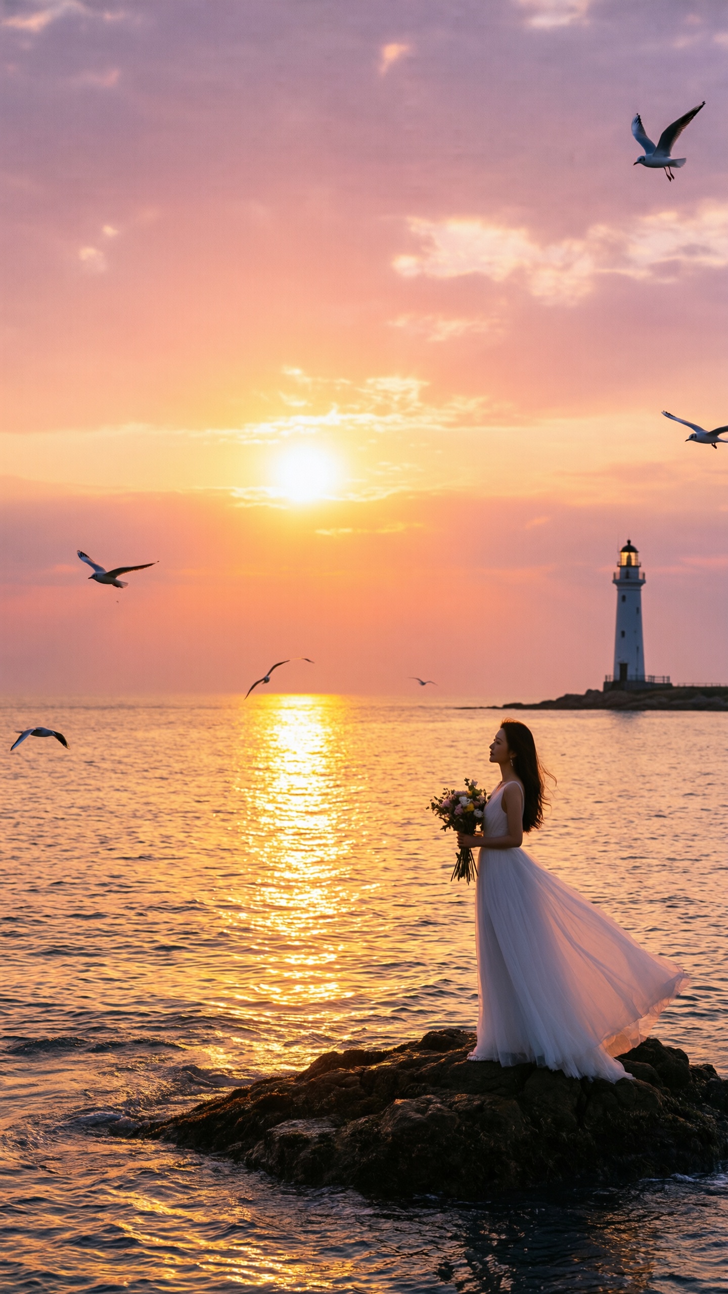 Romantic Sunset by the Lighthouse - AI generated wallpaper