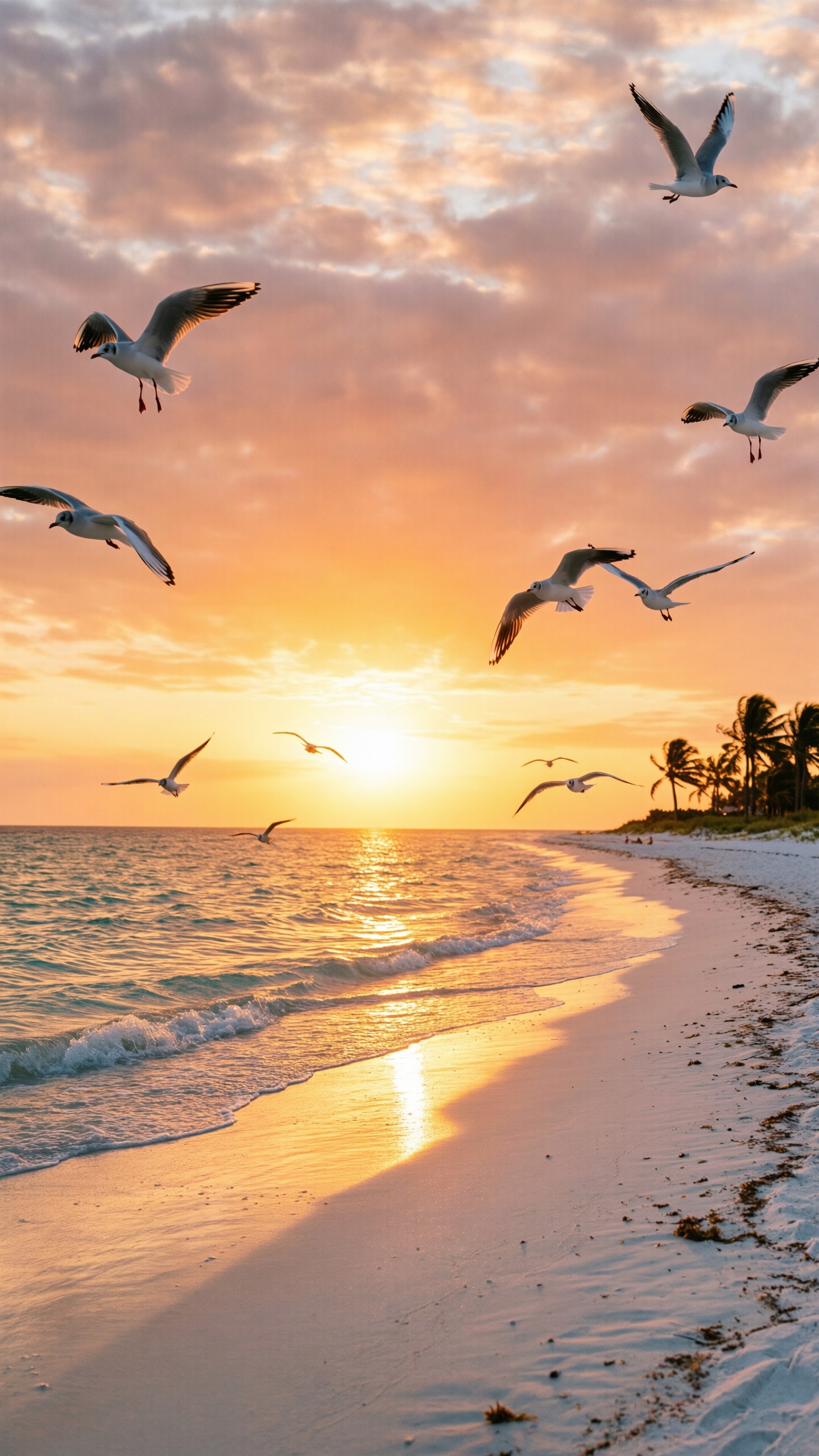 Sunset Beach with Seagulls - AI generated wallpaper