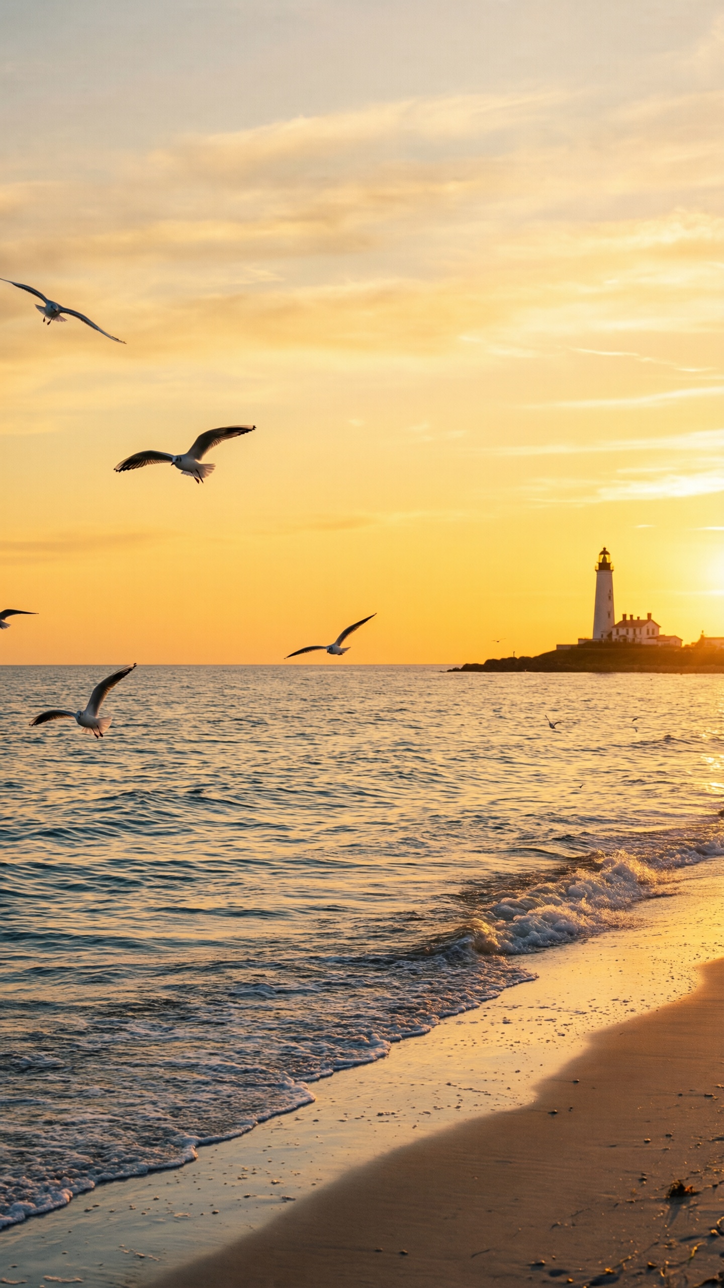 Sunset Beach with Lighthouse - AI generated wallpaper