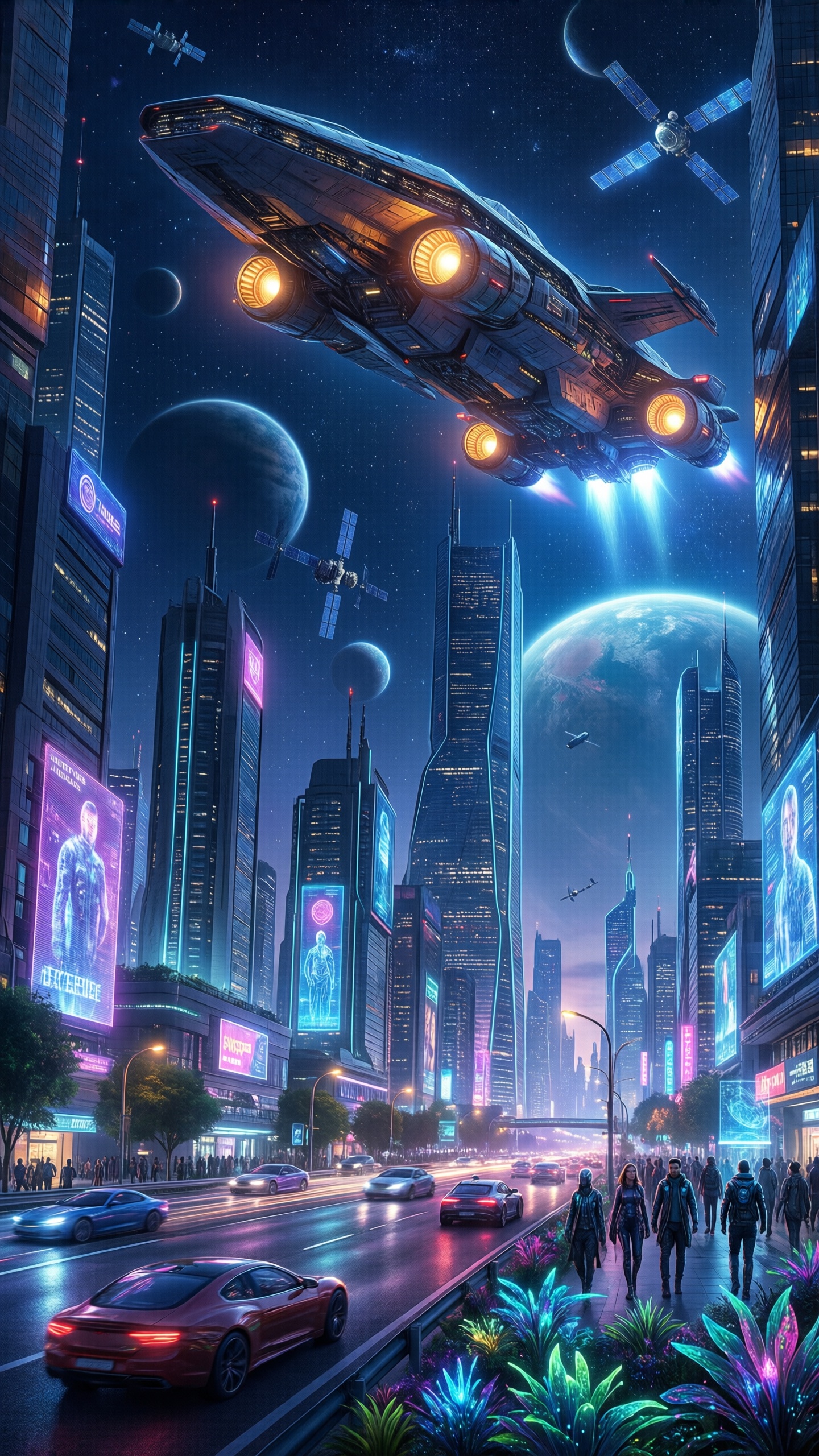 Cyberpunk Cityscape With Futuristic Spaceship 1 - AI generated wallpaper