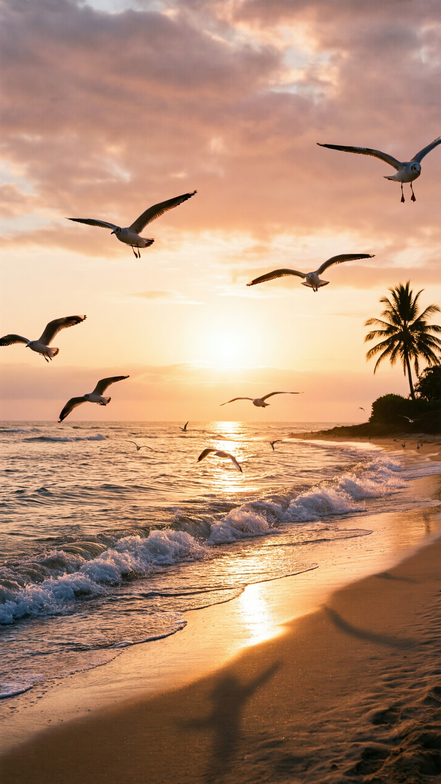 Sunset Beach With Seagulls 2 - AI generated wallpaper