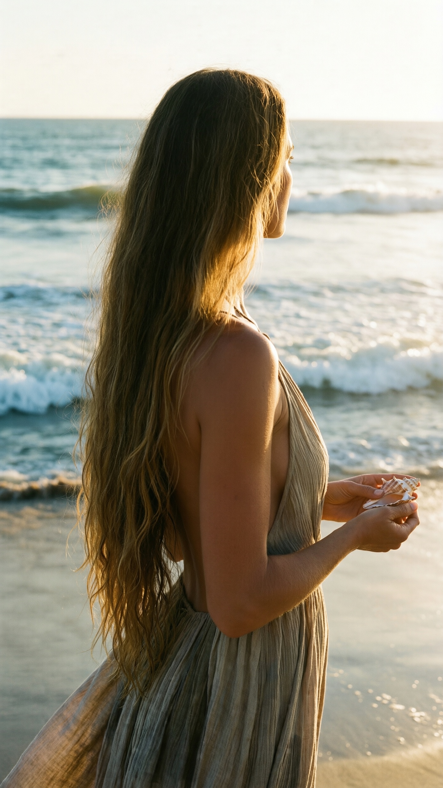 Woman on the Beach at Sunset - AI generated wallpaper