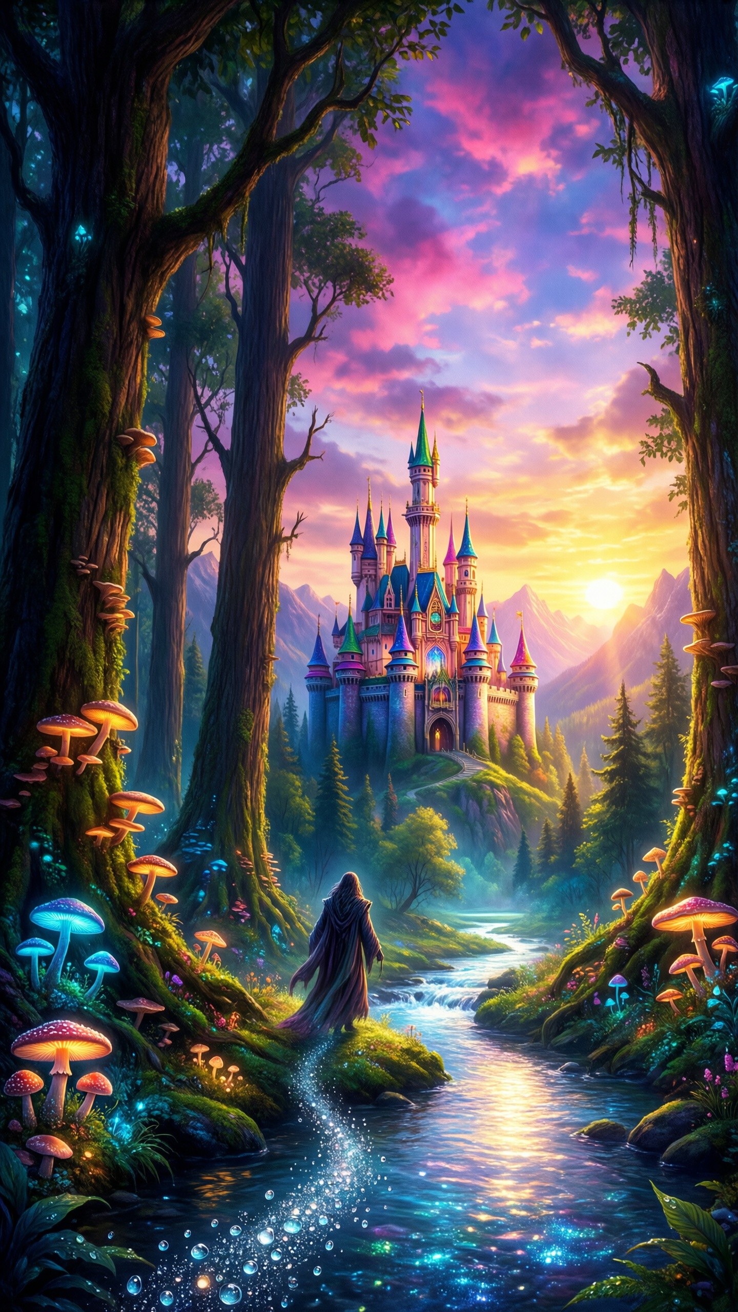 Enchanted Forest Castle Sunset - AI generated wallpaper