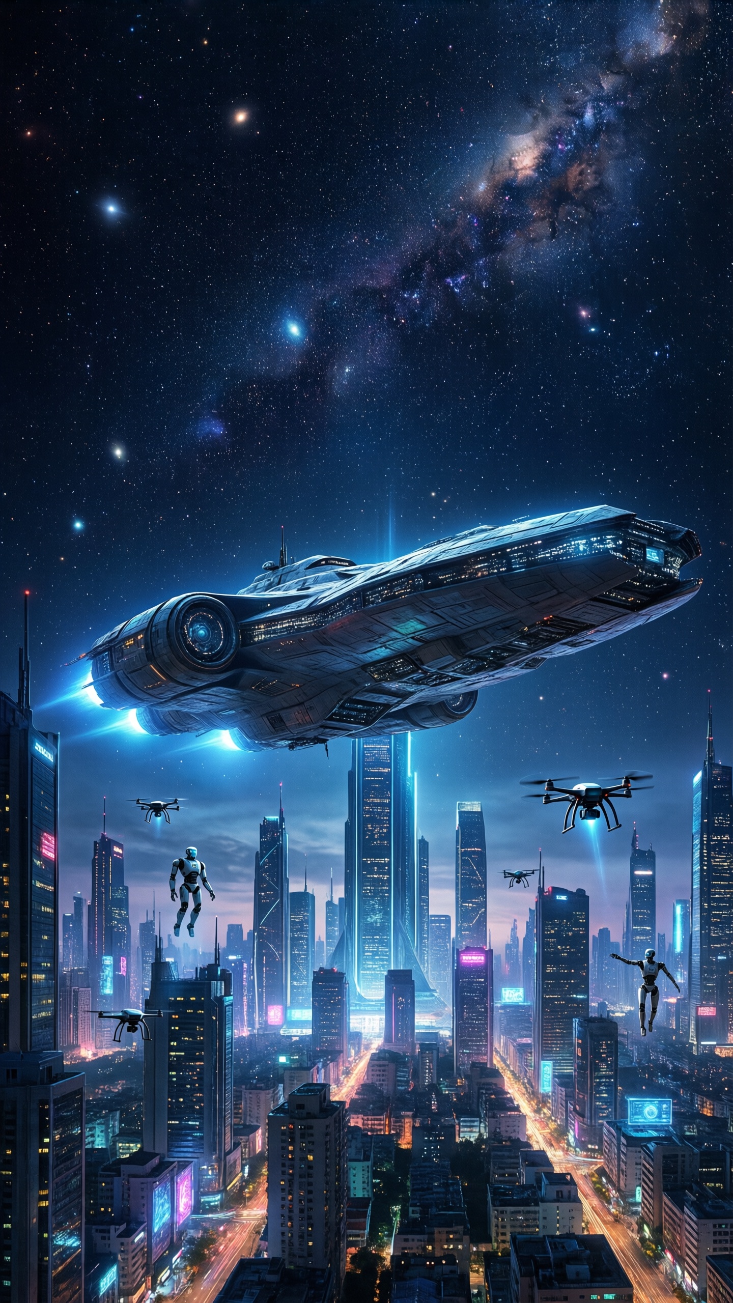 Cyberpunk Cityscape with Spaceship - AI generated wallpaper