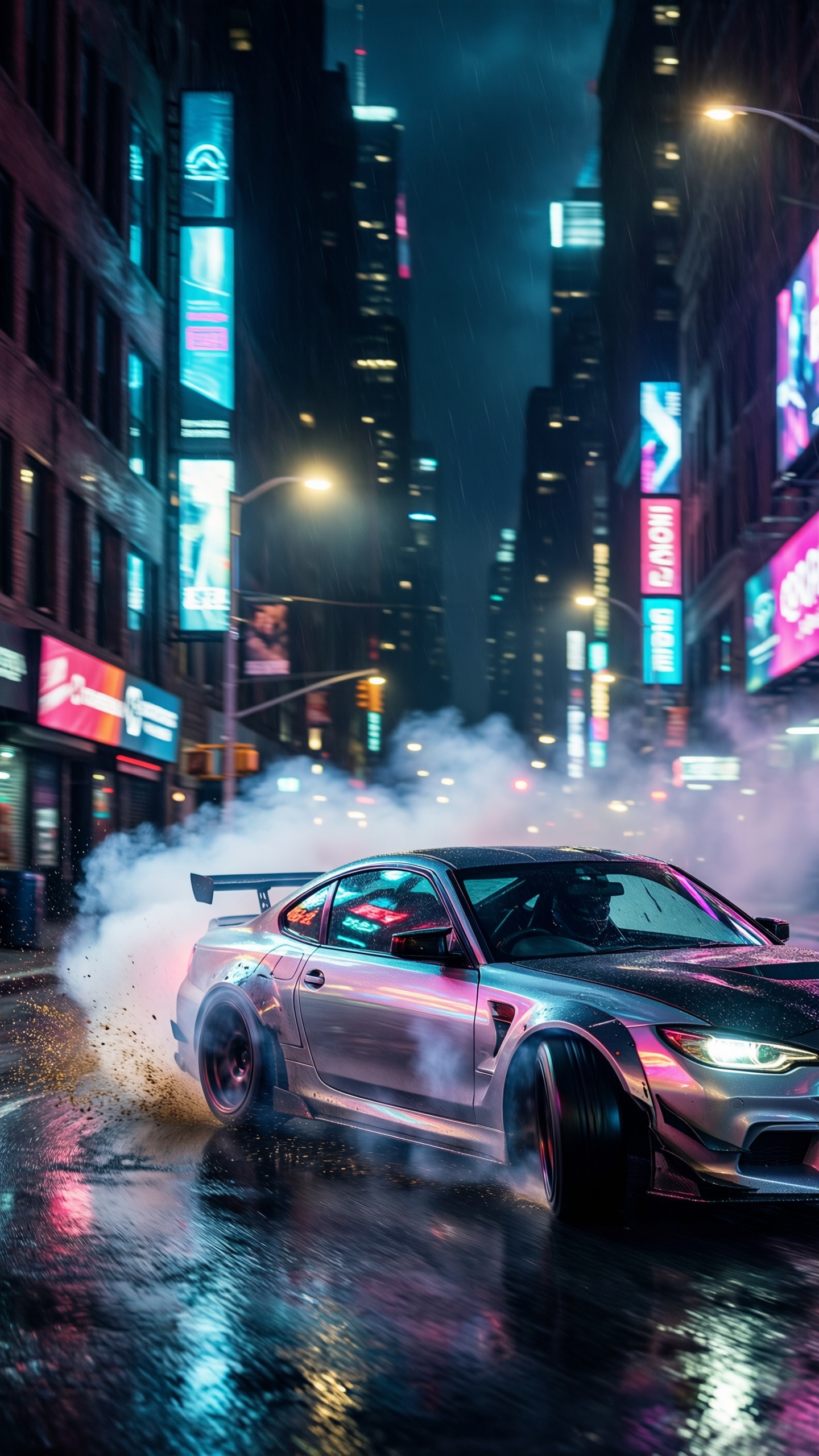 Cyberpunk Cityscape with Neon Car - AI generated wallpaper