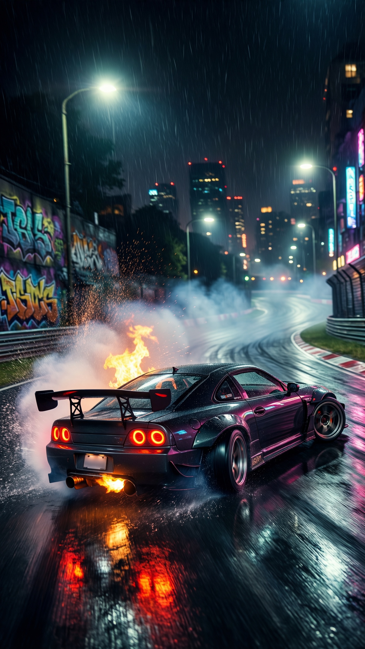 Cyberpunk Drift in the Rain - AI generated wallpaper