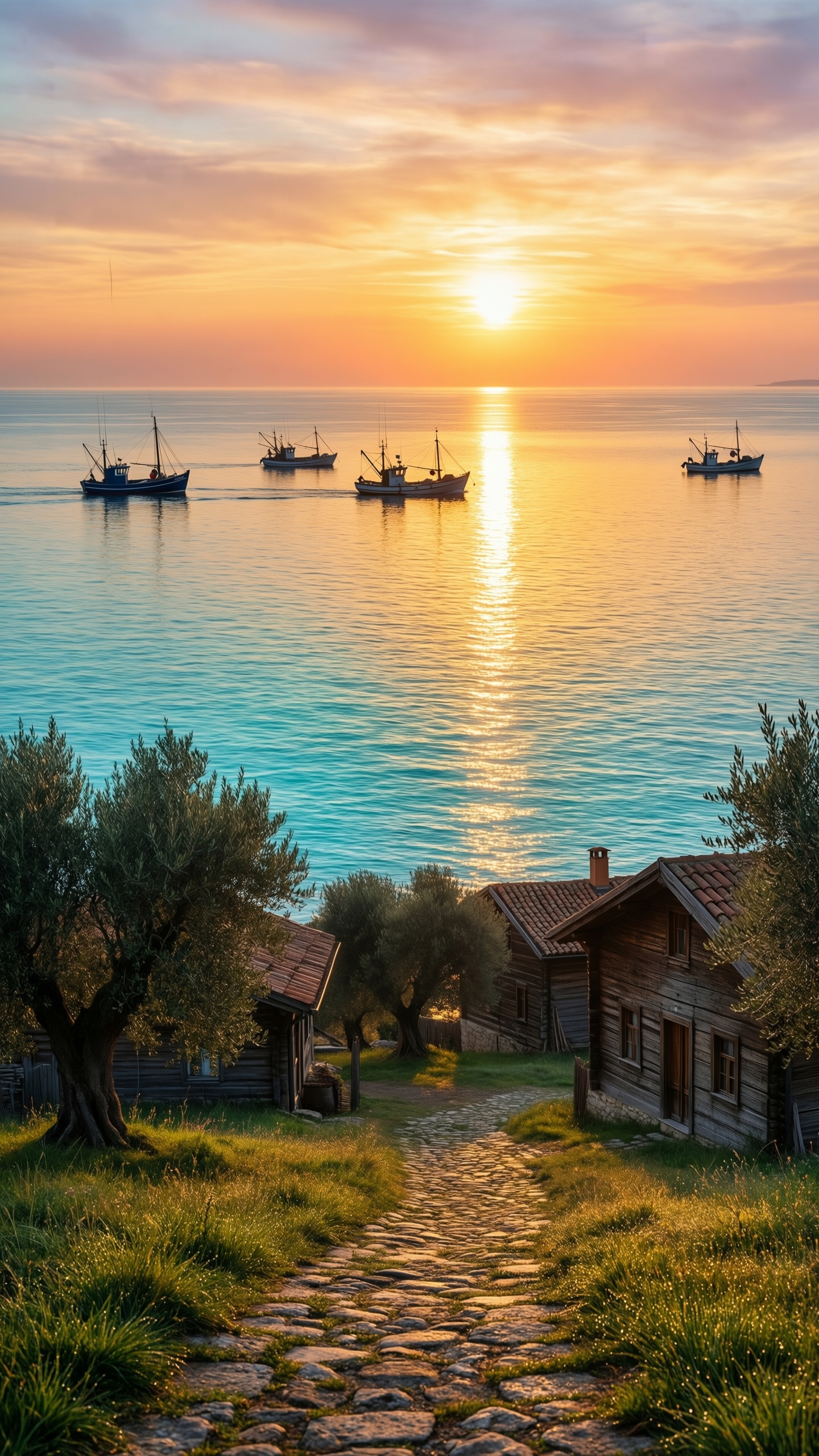 Sunset Over Coastal Village - AI generated wallpaper