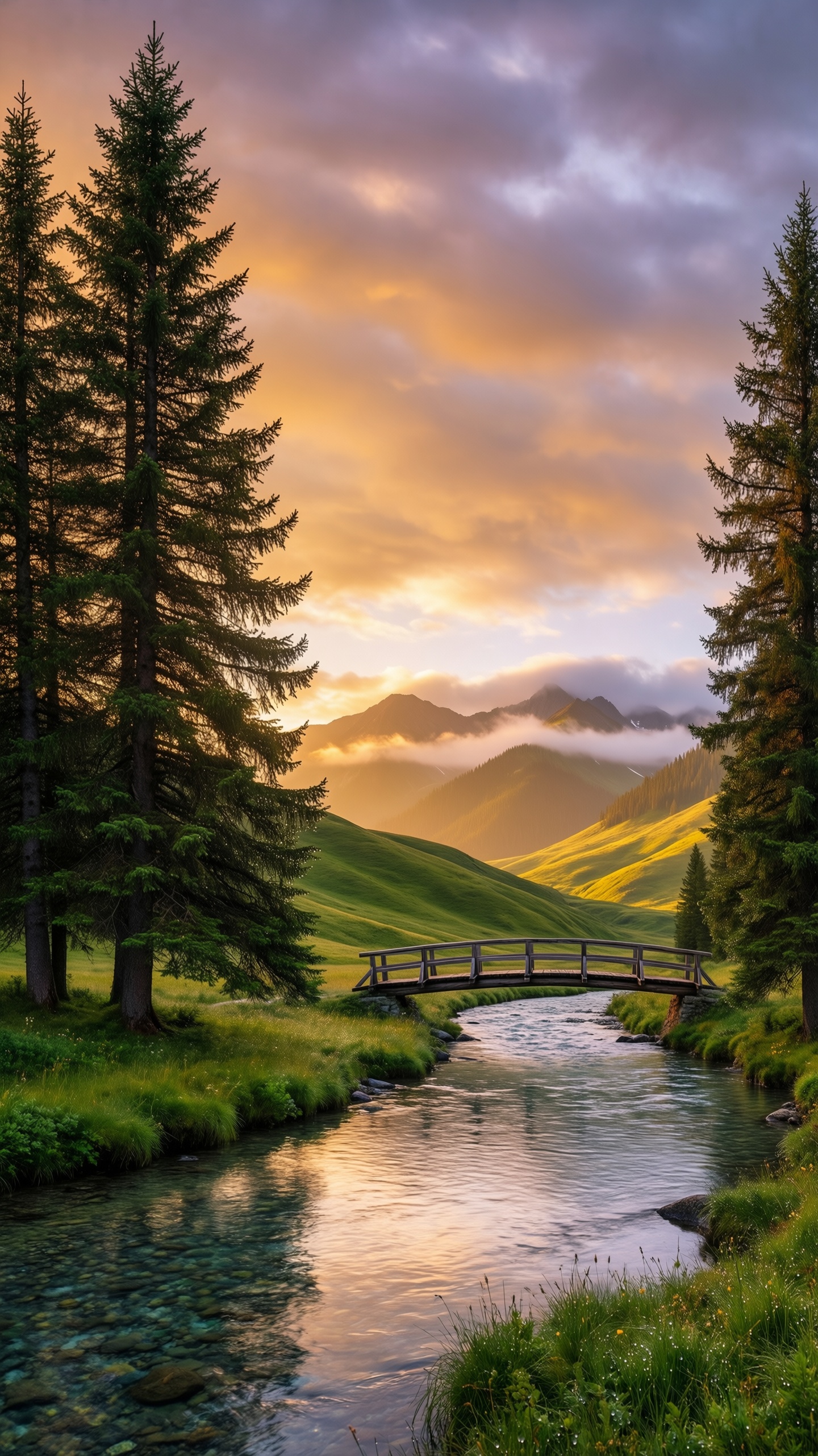 Serene Mountain Stream Sunset - AI generated wallpaper