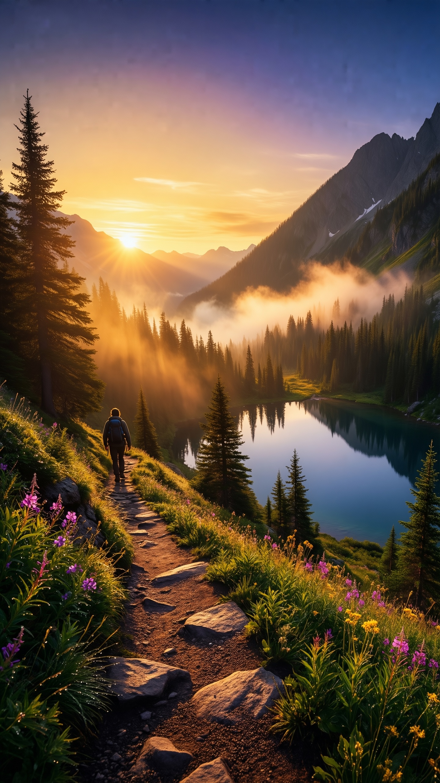 Sunset Hike in the Mountains - AI generated wallpaper