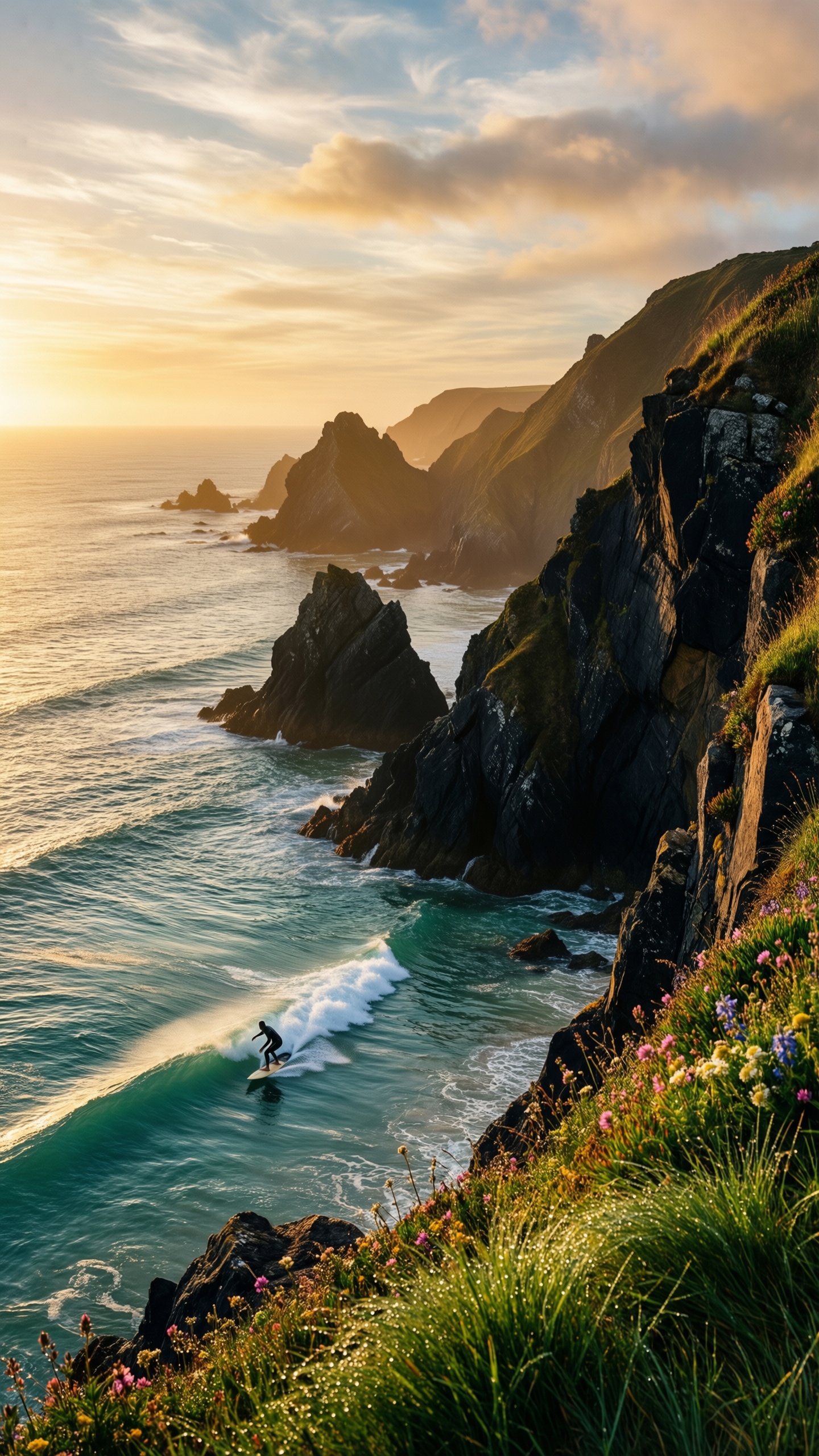 Sunset Surfing Cliffscape - AI generated wallpaper