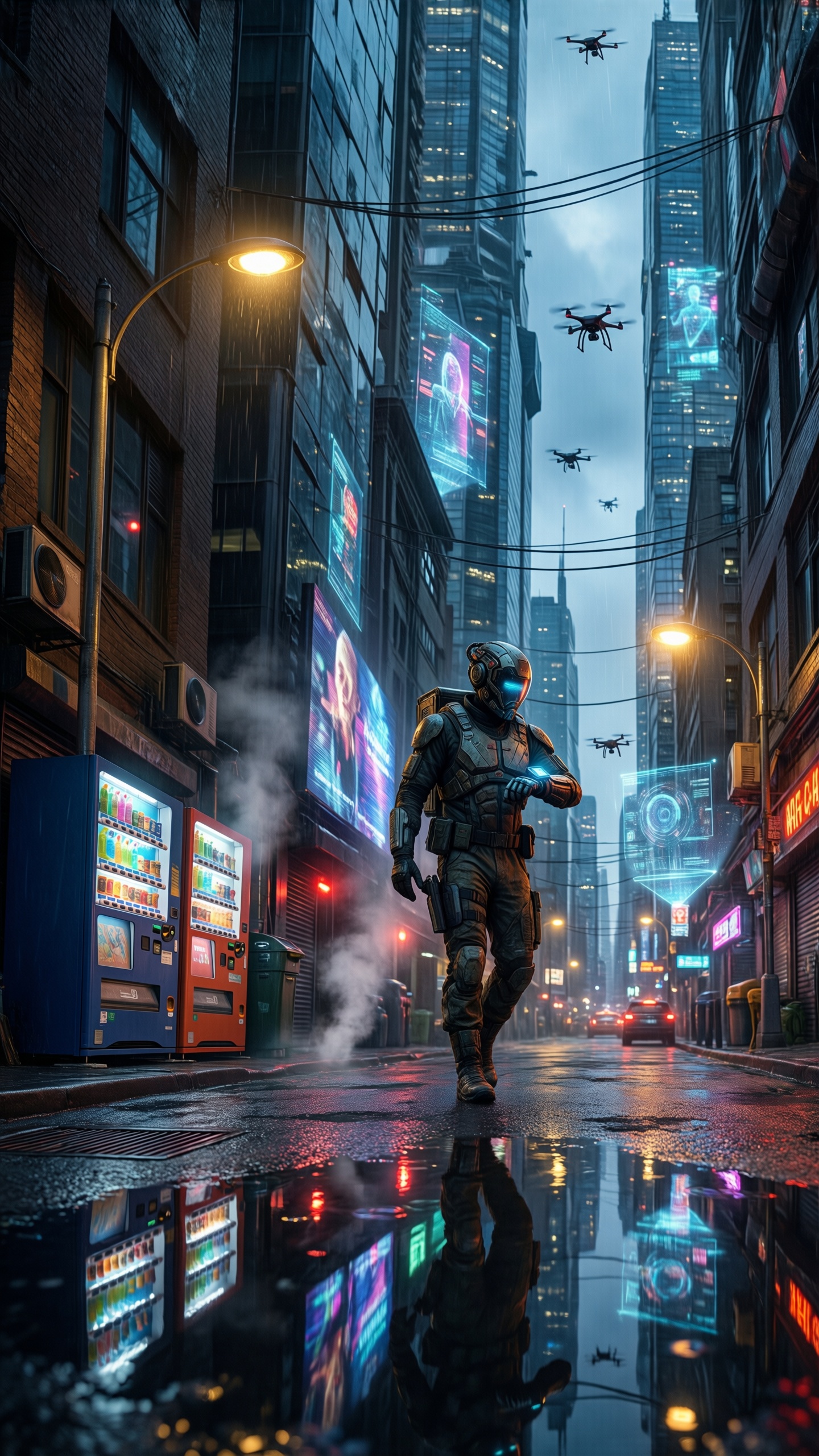 Cyberpunk Cityscape with Soldier - AI generated wallpaper