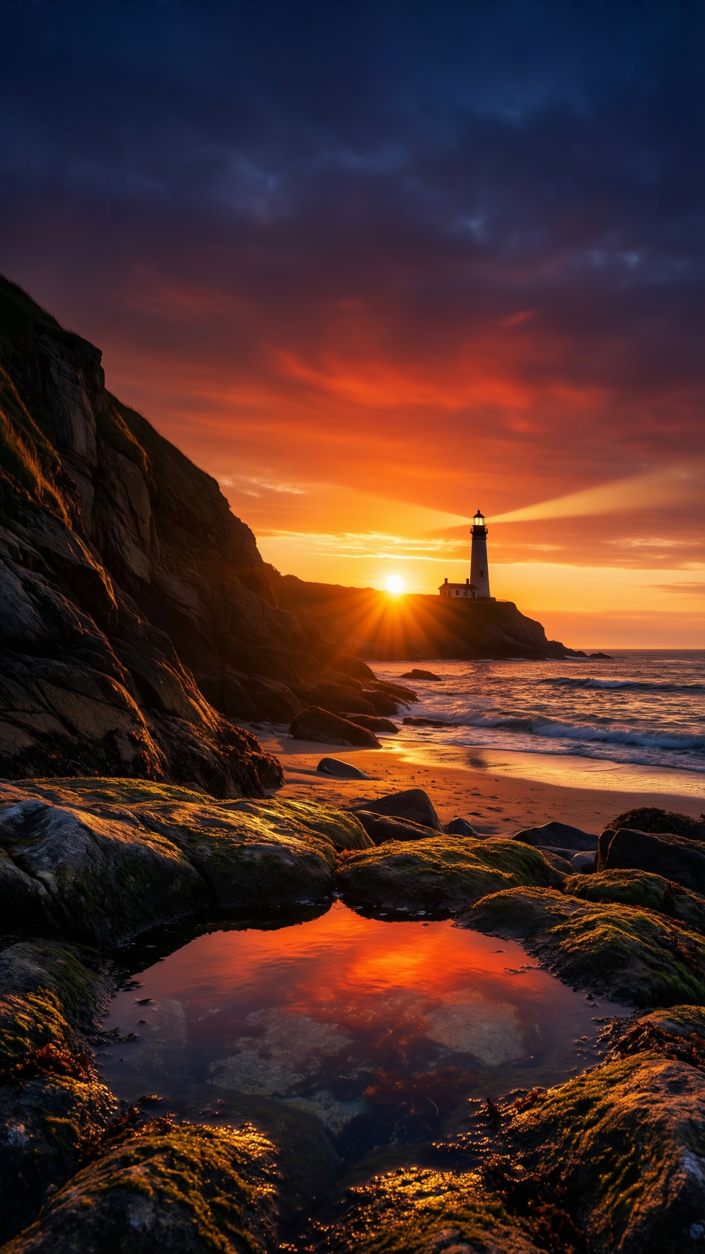 Sunset Lighthouse Reflection - AI generated wallpaper