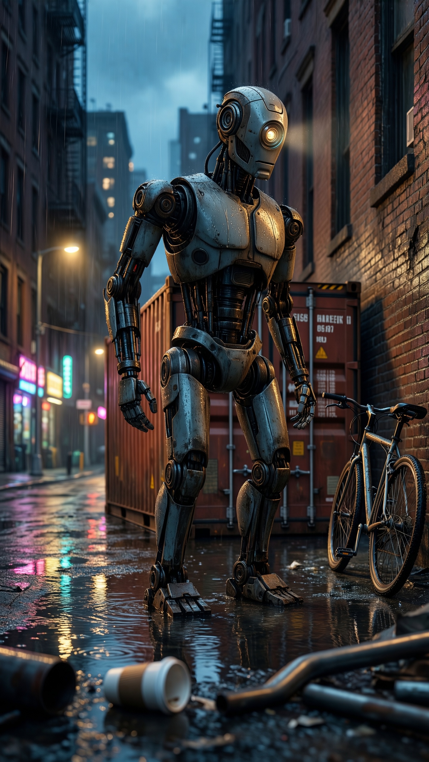 Cyberpunk Robot in Rainy Alley - AI generated wallpaper
