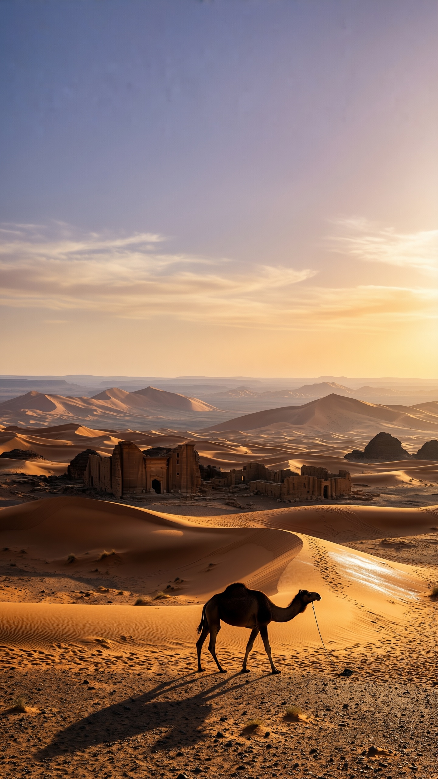 Desert Oasis with Camel and Ruins - AI generated wallpaper