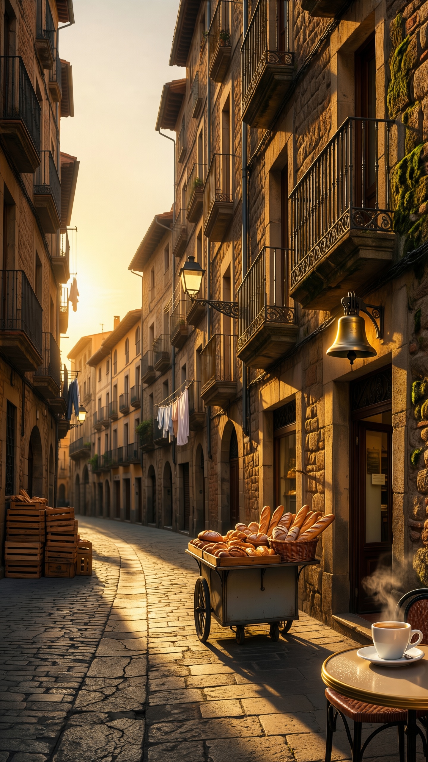 Sunlit Cobblestone Street - AI generated wallpaper