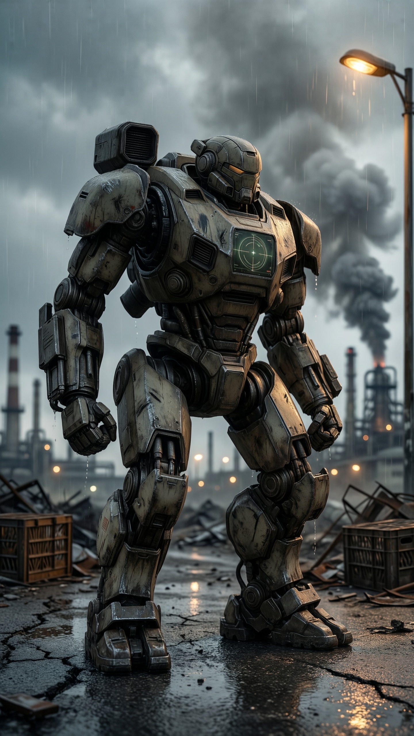 Cyberpunk Robot in Rainy Industrial Landscape - AI generated wallpaper