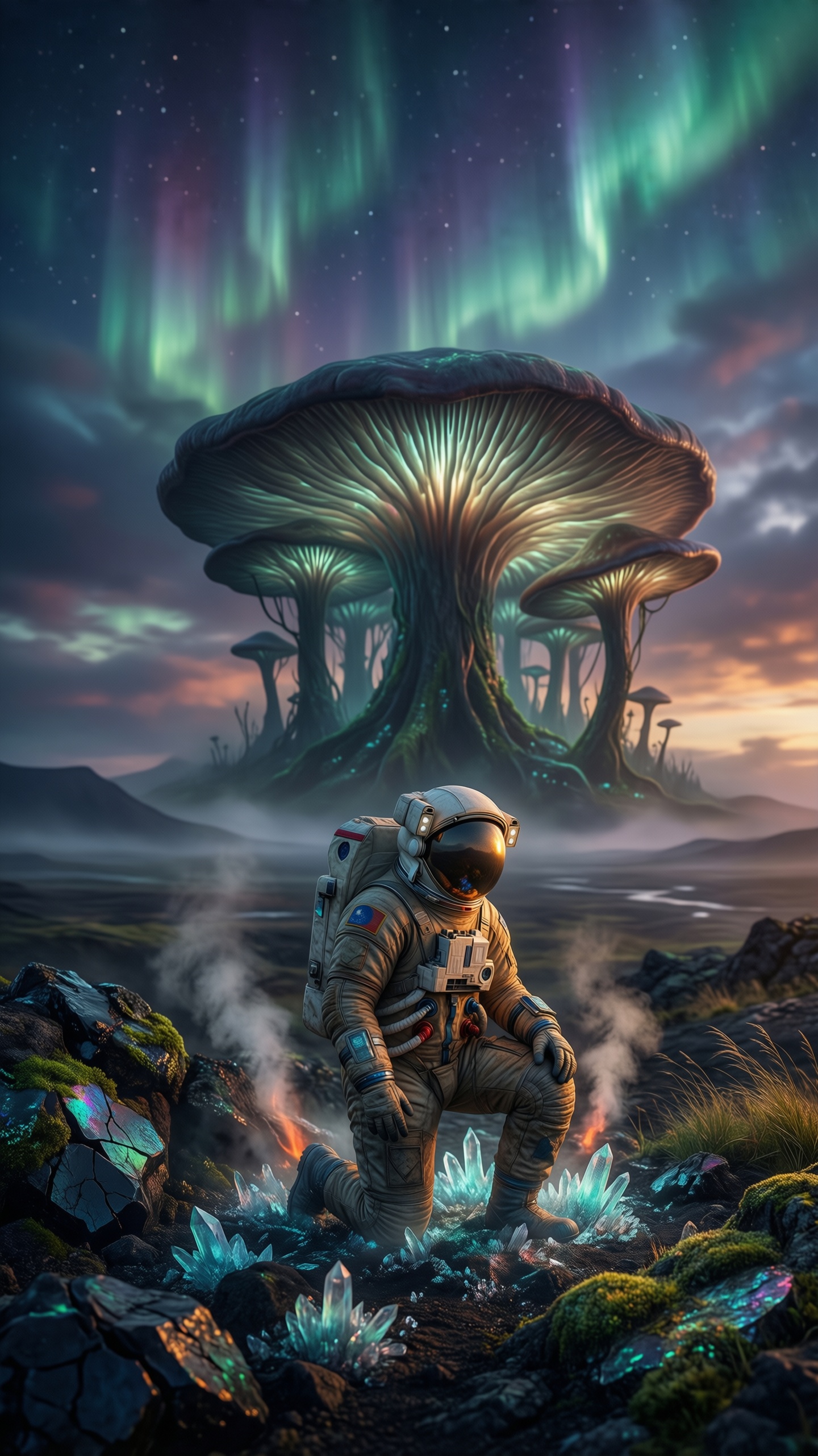 Mystical Astronaut in a Fantasy Landscape - AI generated wallpaper