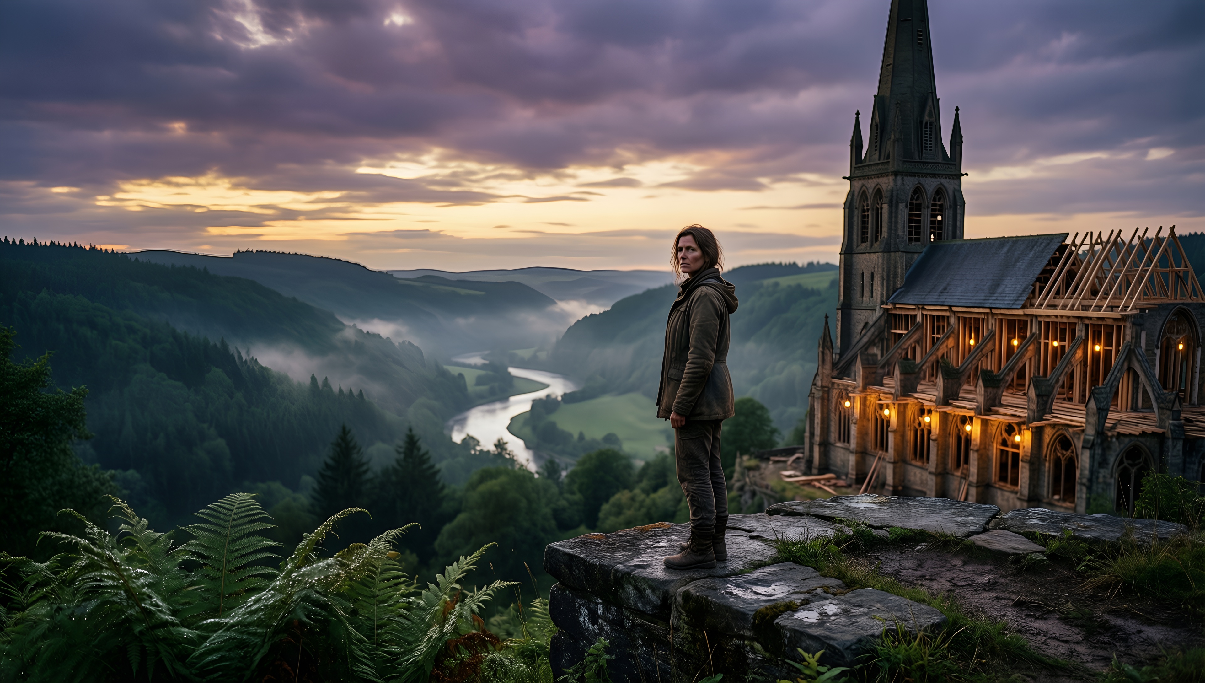 Mystic Dawn: Church Ruins and Serene Valley - AI generated wallpaper