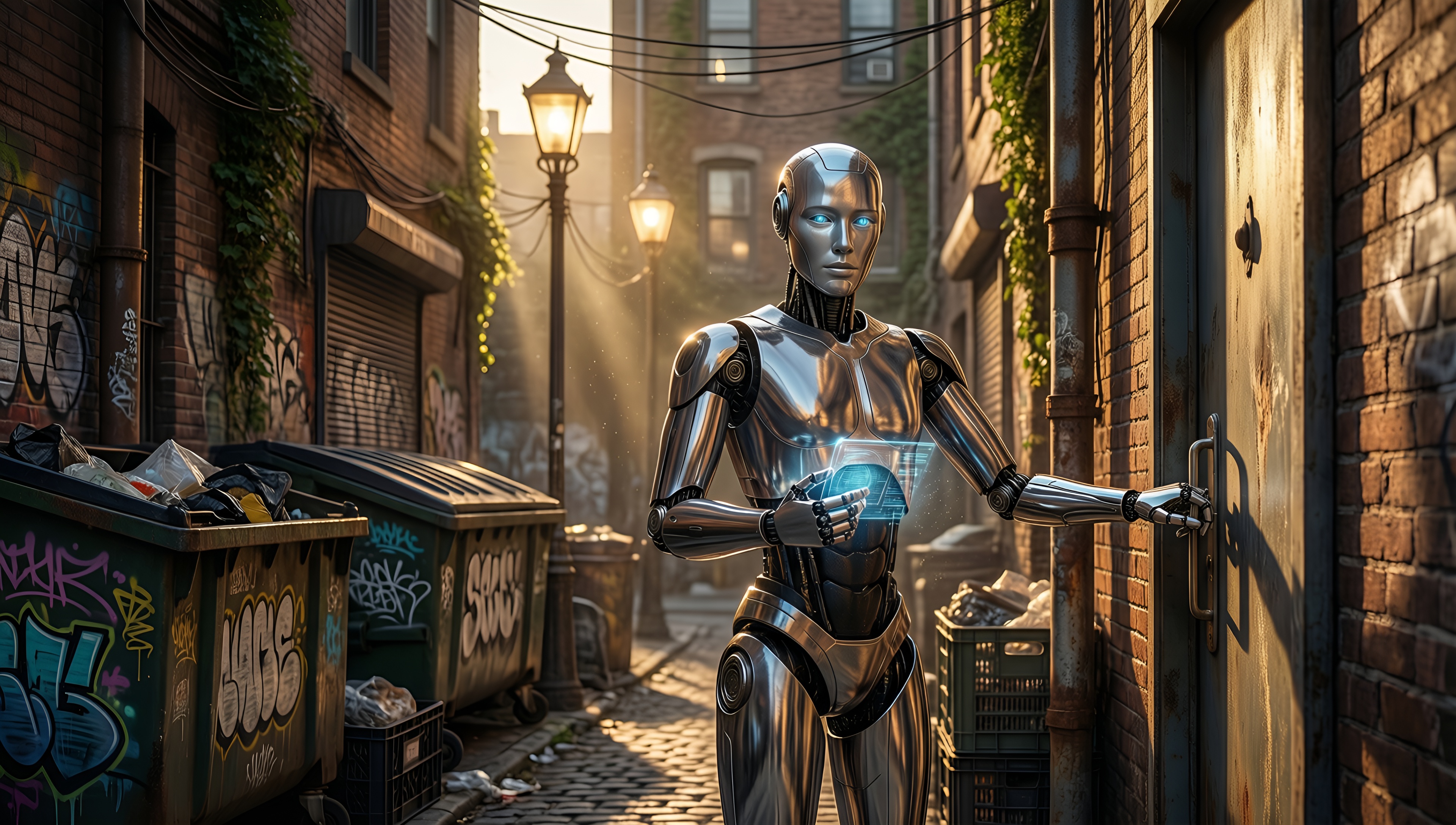 Cyberpunk Robot in Urban Alley - AI generated wallpaper