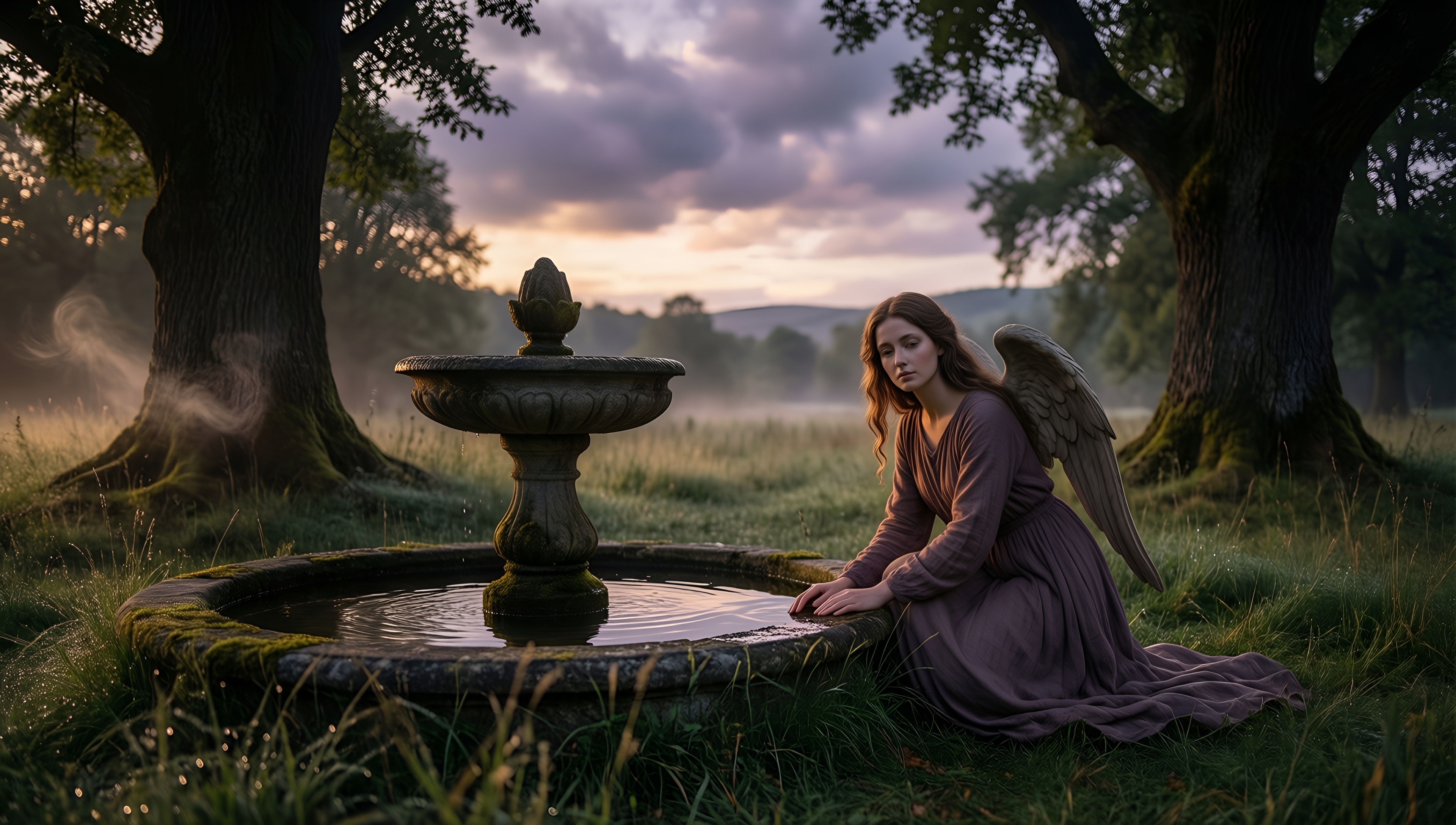 Serene Angel by the Fountain - AI generated wallpaper