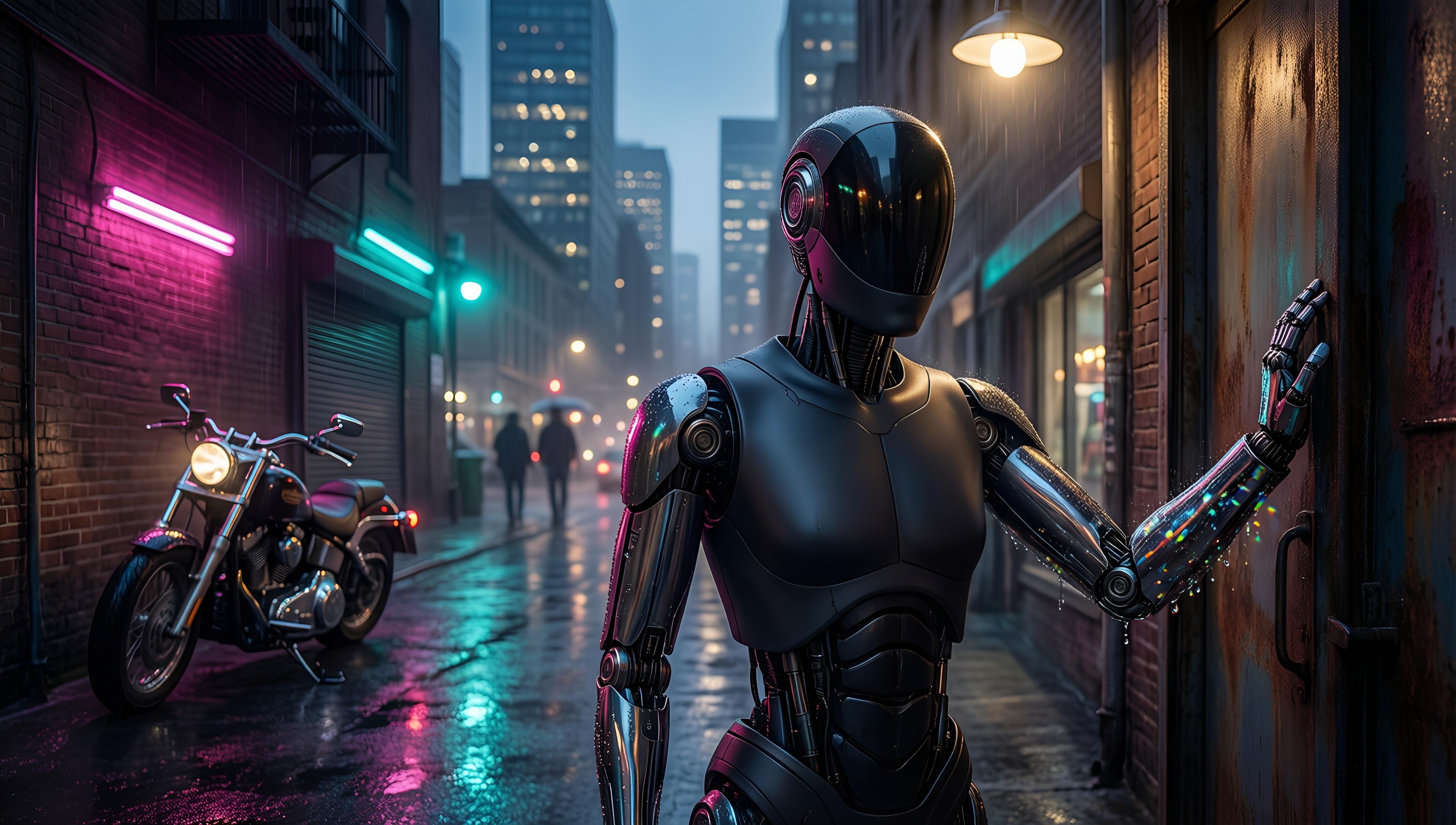 Cyberpunk Robot in Neon Alley - AI generated wallpaper
