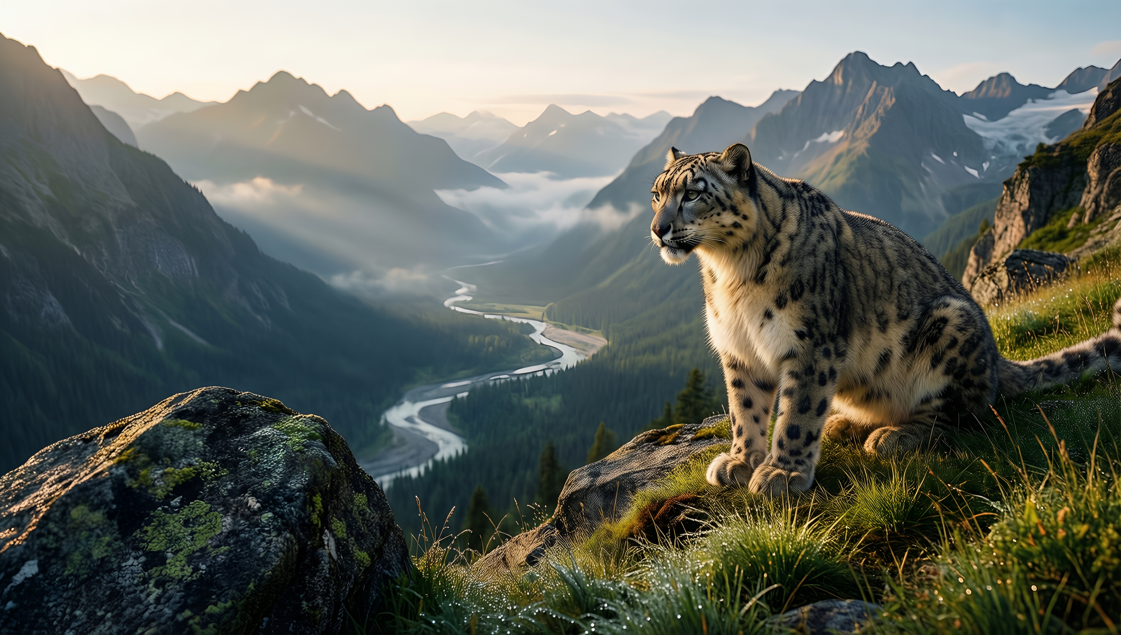 Snow Leopard in Mountain Majesty - AI generated wallpaper