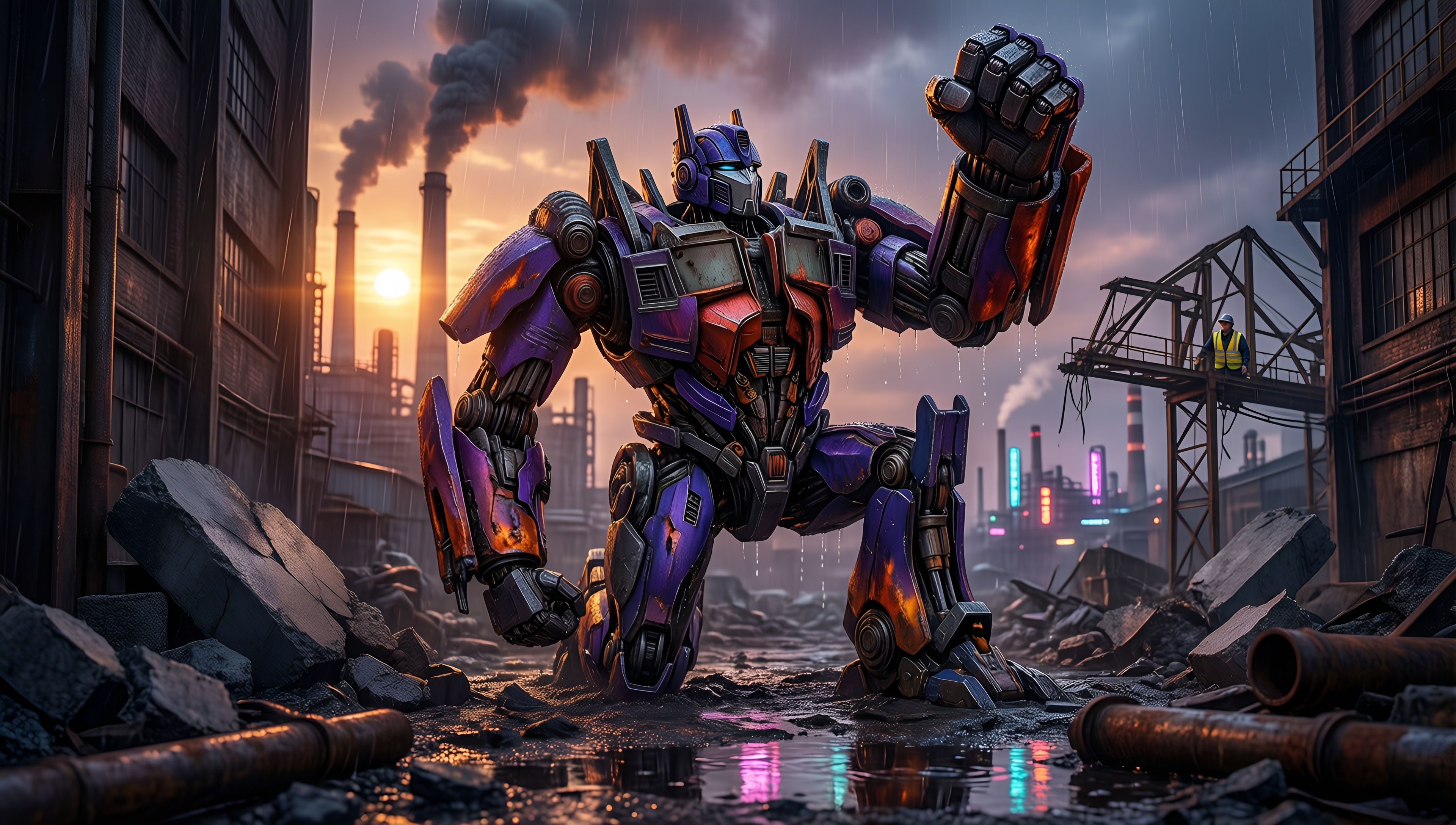 Cyberpunk Optimus Prime in Industrial Ruins - AI generated wallpaper