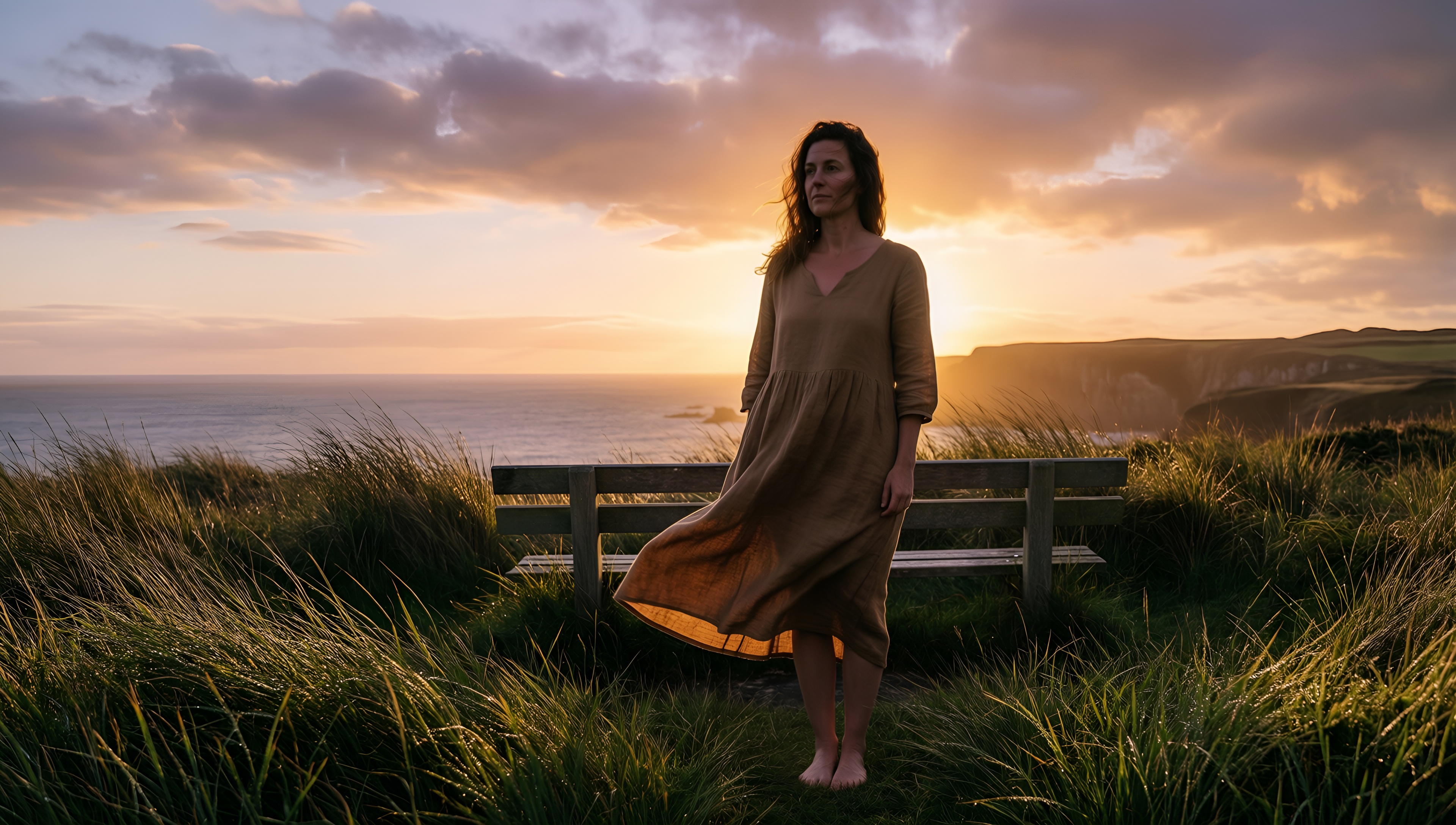 Woman at Sunset by the Sea - AI generated wallpaper