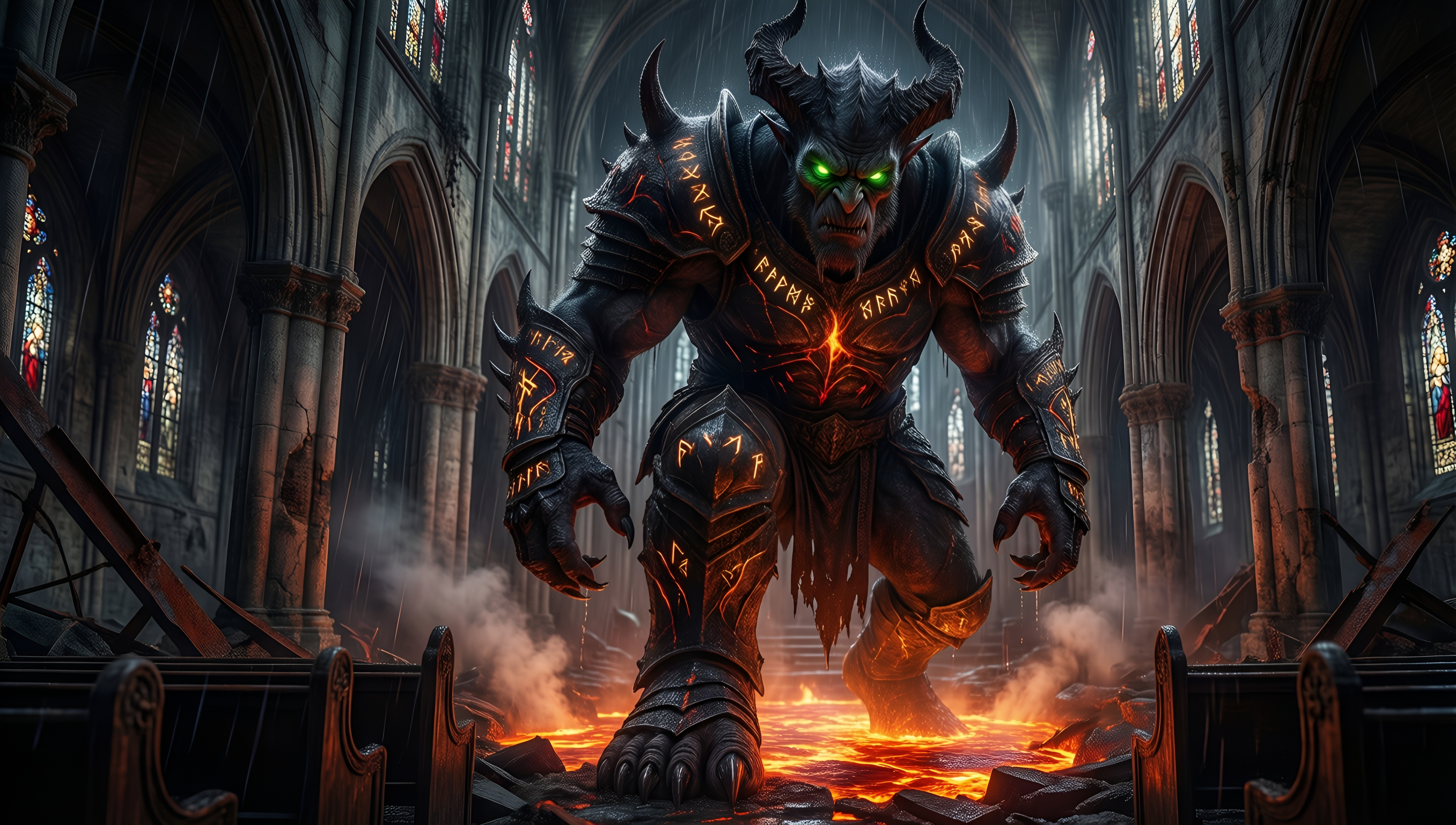 Demon in Ruined Church - AI generated wallpaper