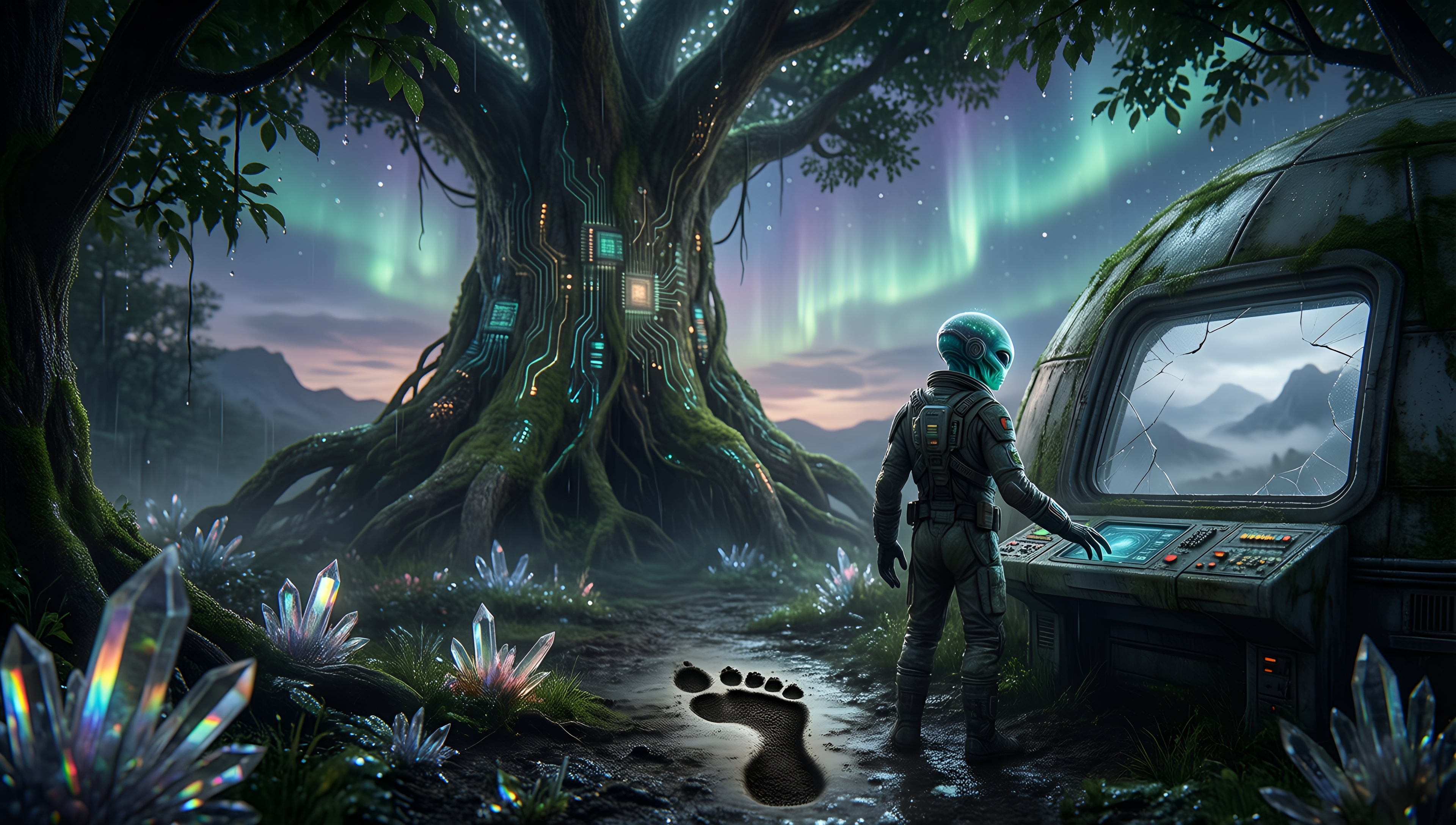 Alien Encounter in a Cyberpunk Forest - AI generated wallpaper
