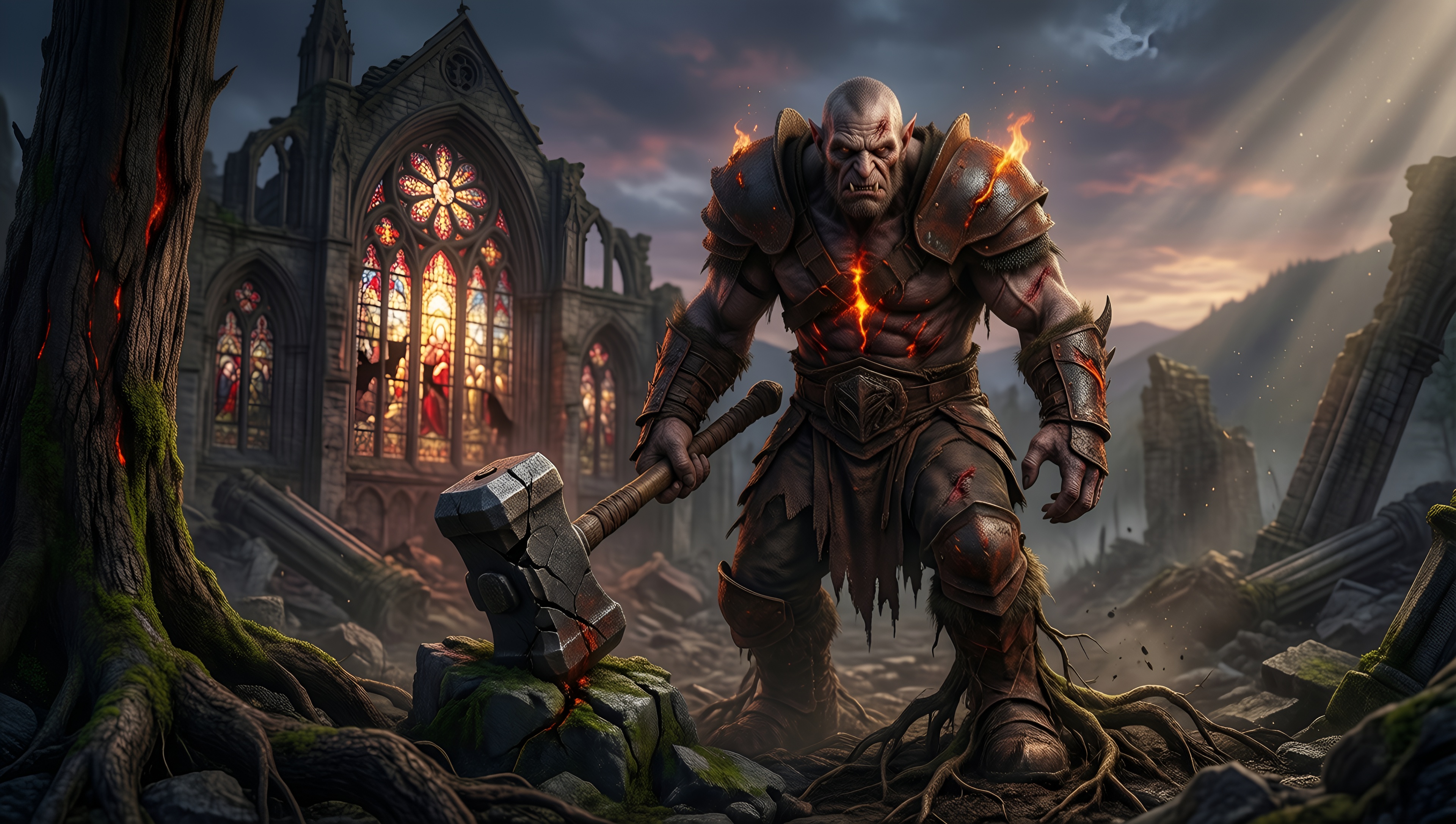 Gothic Ruins and Orc Warrior - AI generated wallpaper