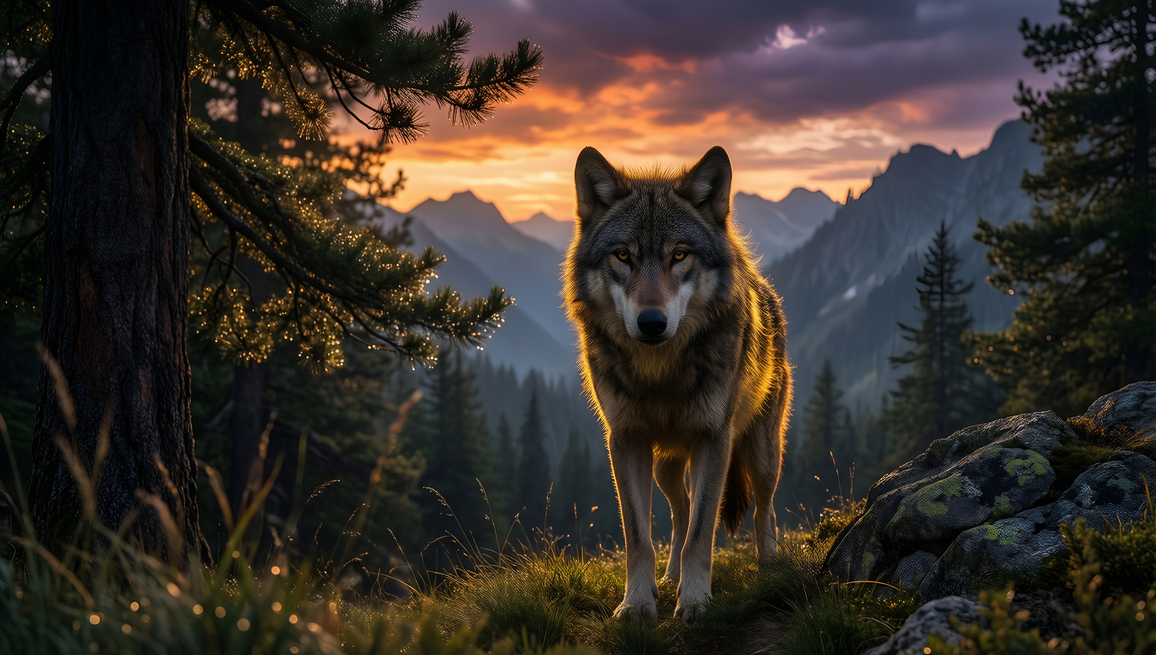 Wolf In The Wild Sunset 1 - AI generated wallpaper