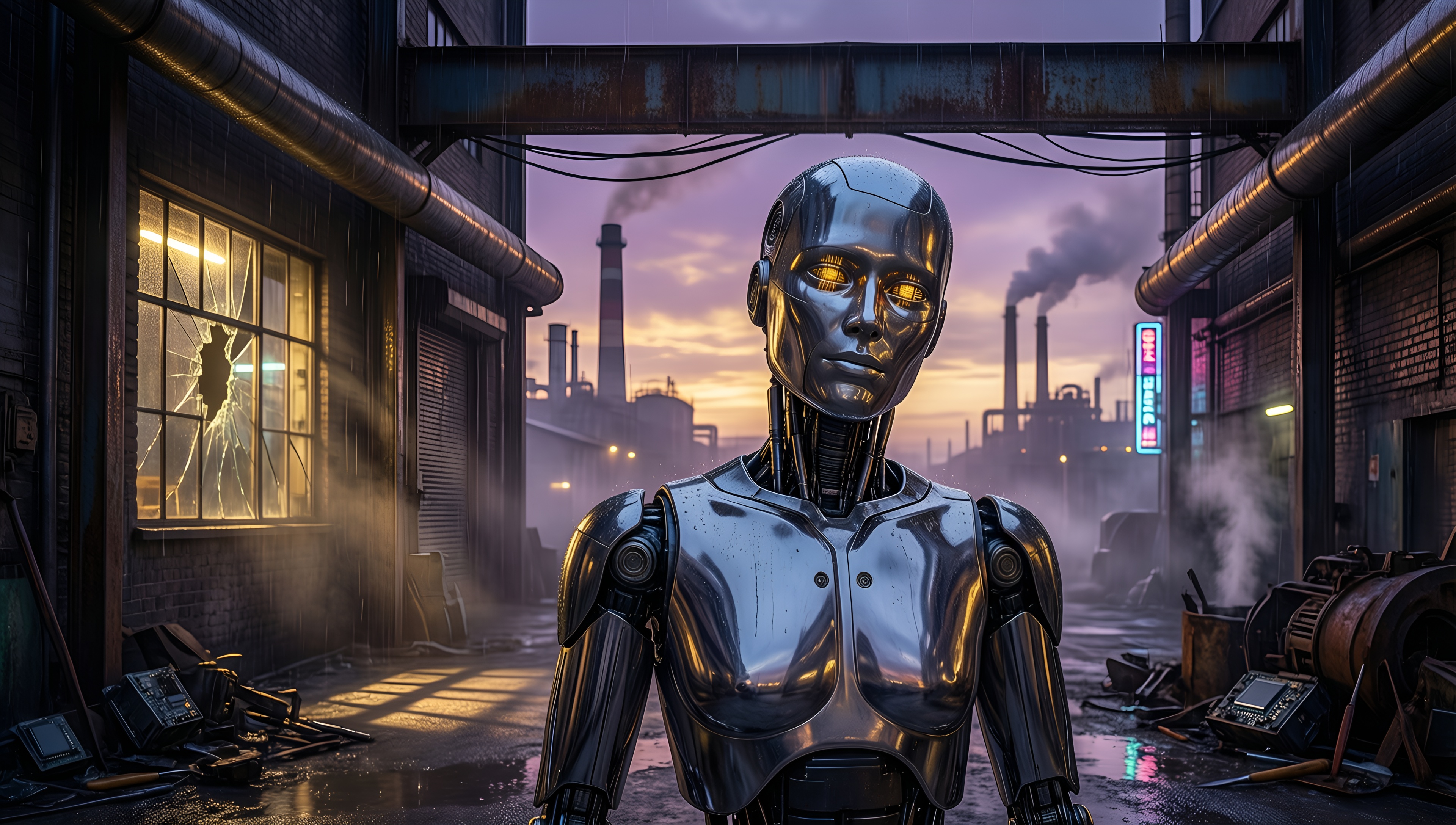 Cyberpunk Robot in Industrial Alley - AI generated wallpaper