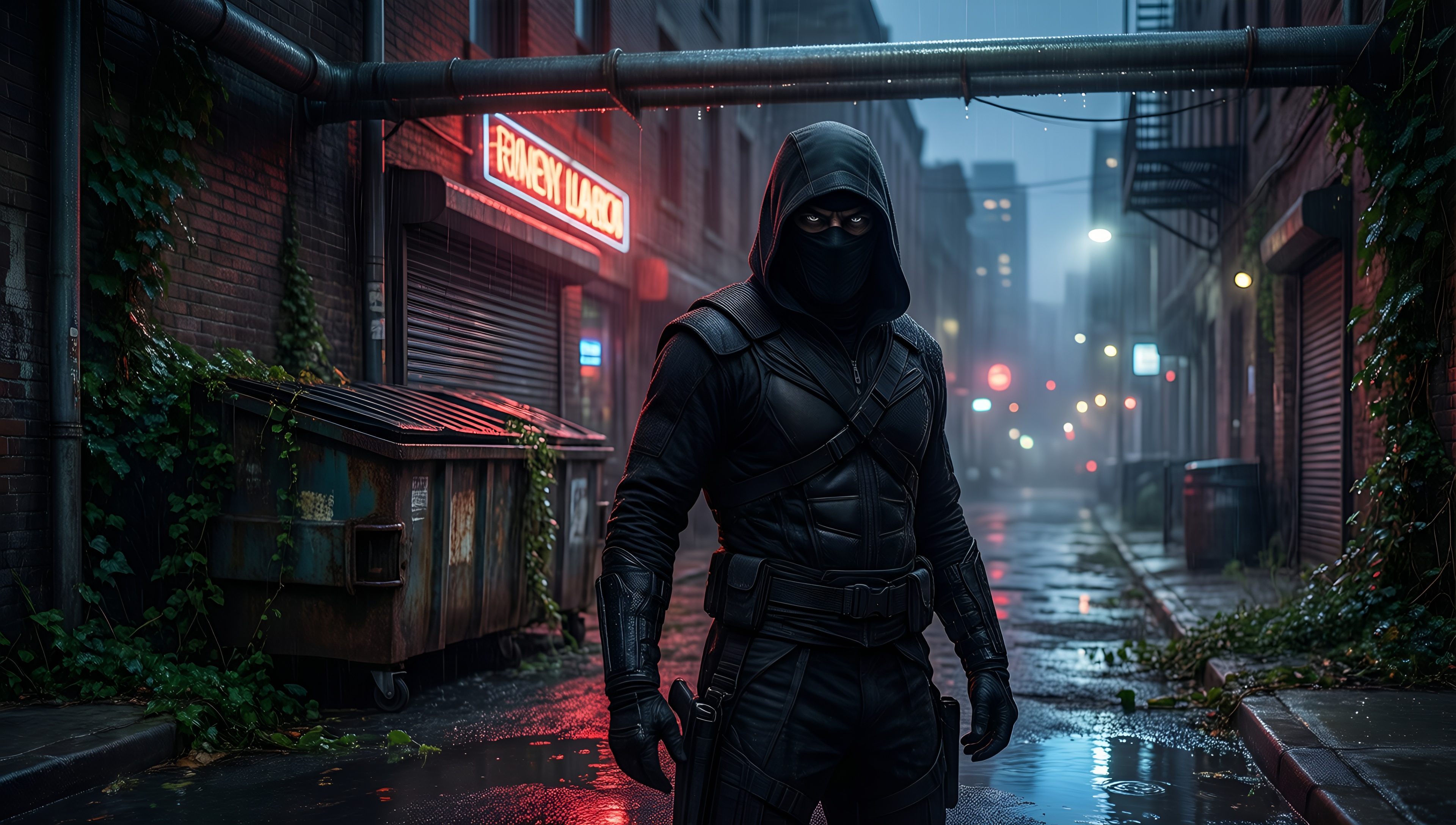 Cyberpunk Hooded Figure in Urban Alley - AI generated wallpaper