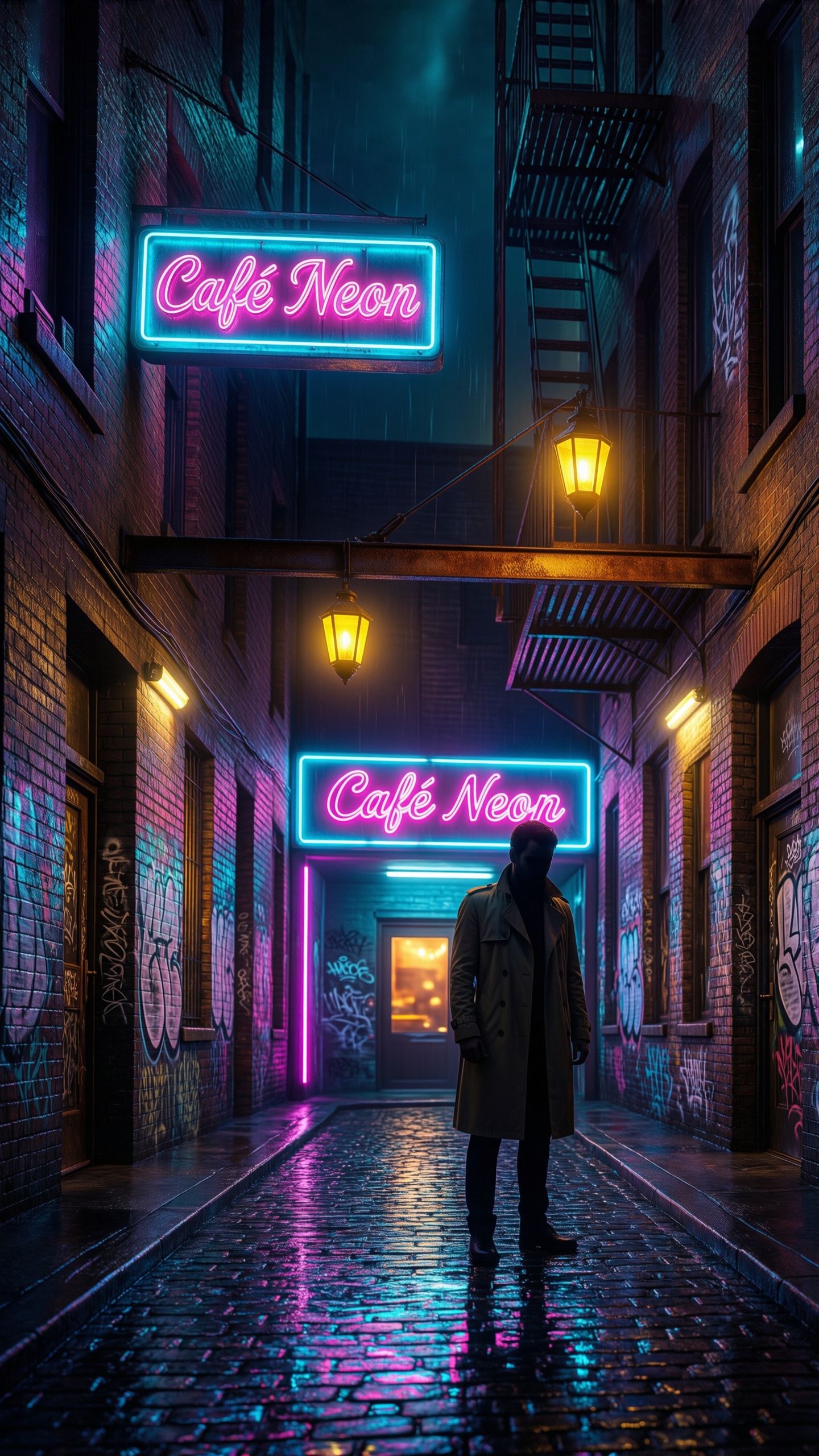 Neon Alley Cafe 1 - AI generated wallpaper