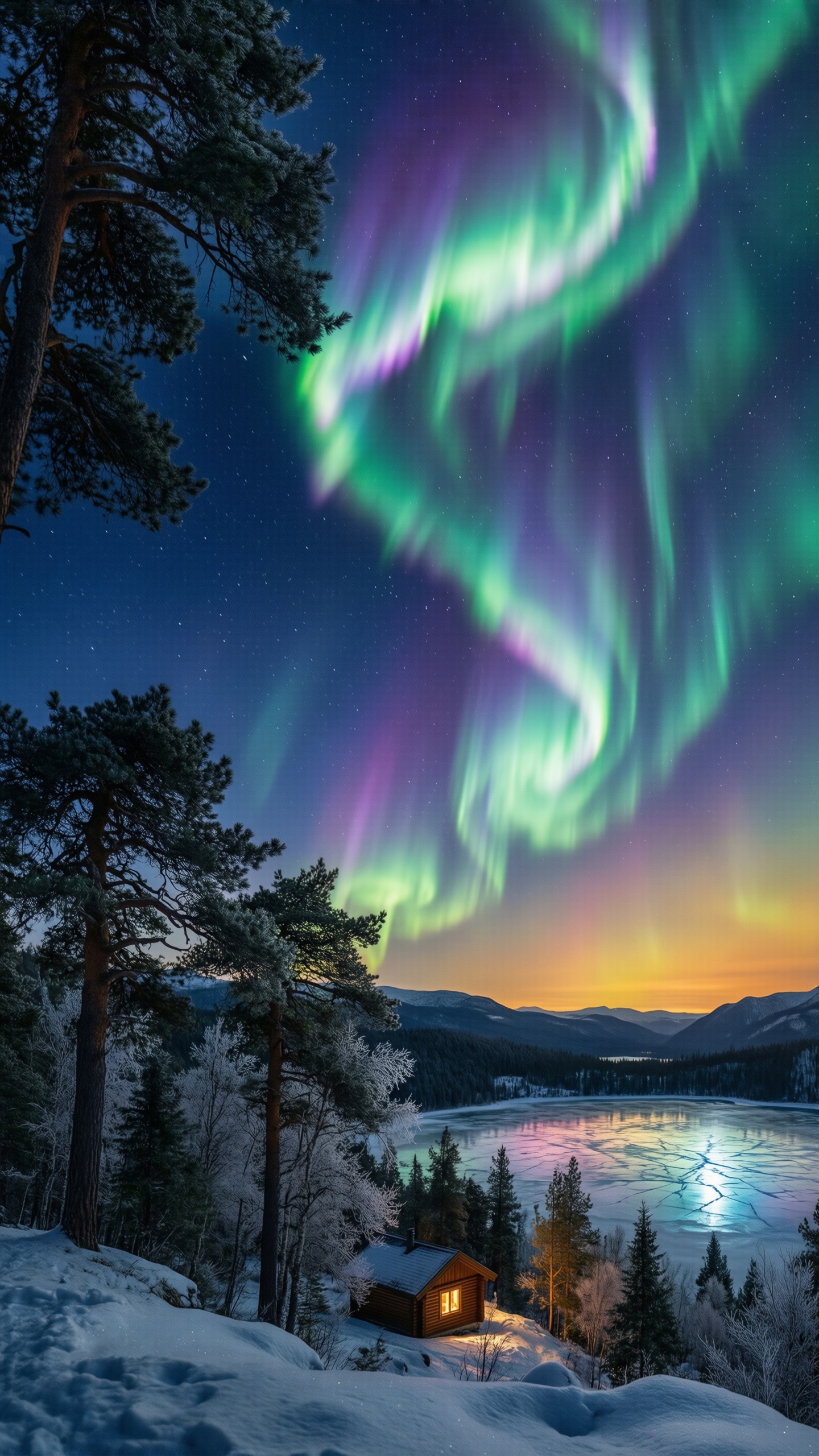 Aurora Borealis Over Snowy Cabin - AI generated wallpaper
