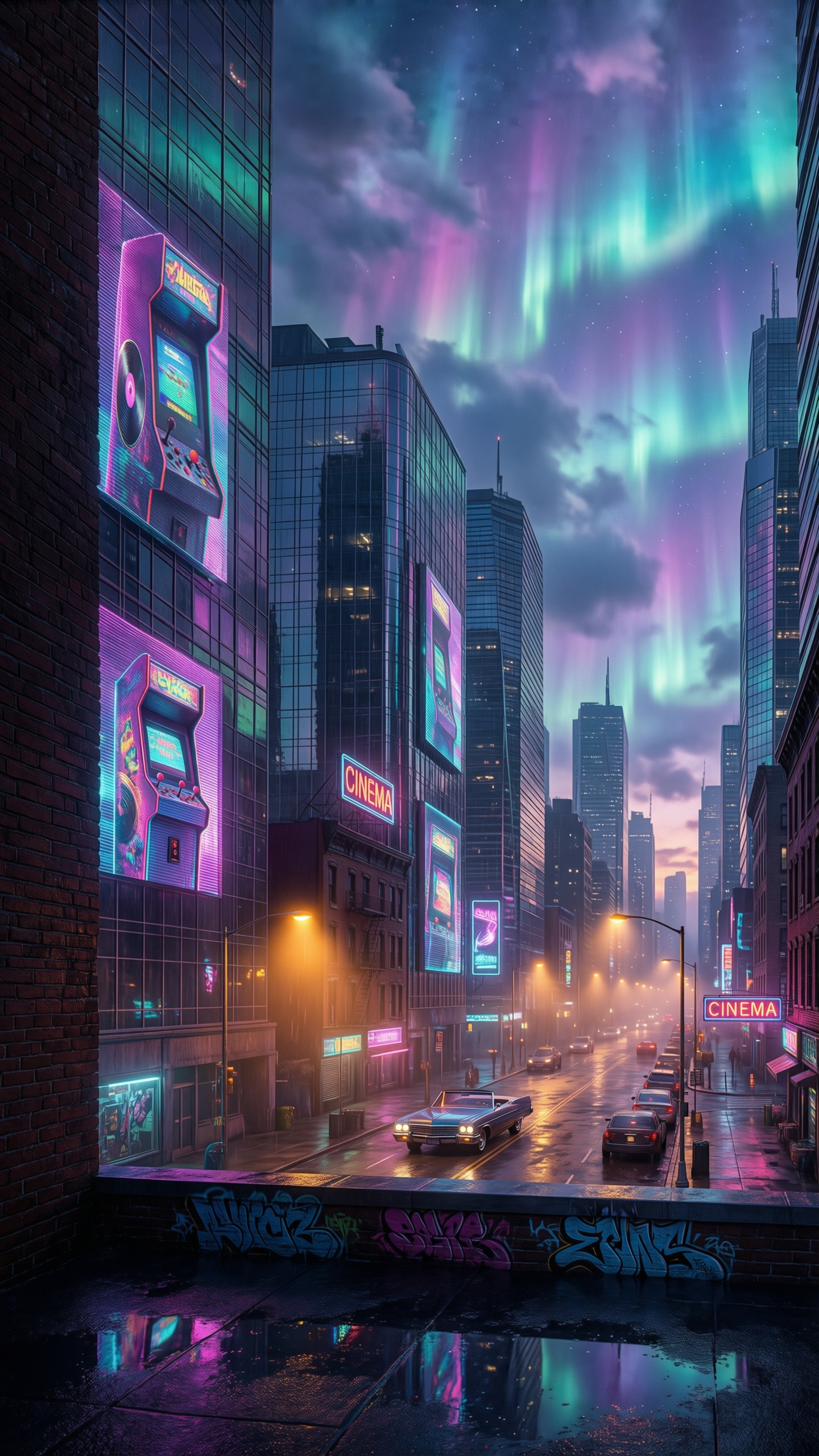 Cyberpunk Cityscape with Aurora Borealis - AI generated wallpaper