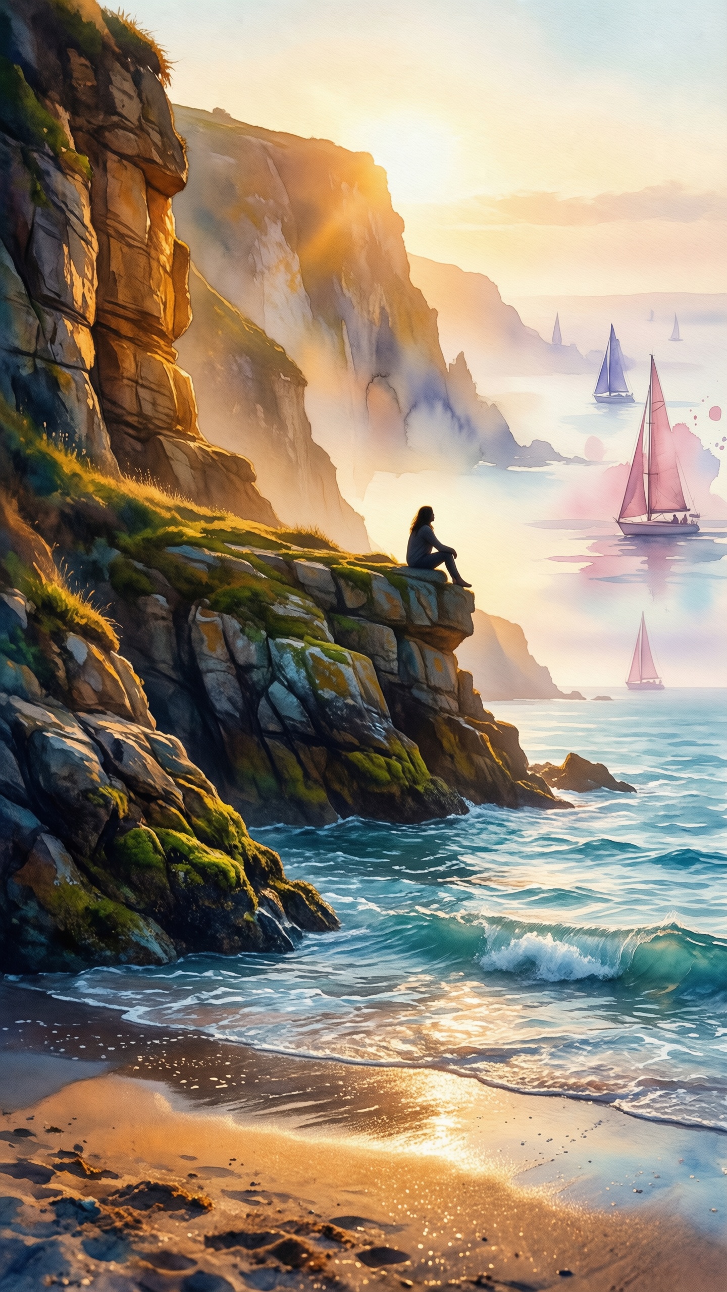 Serene Cliffside Sunset 1 - AI generated wallpaper