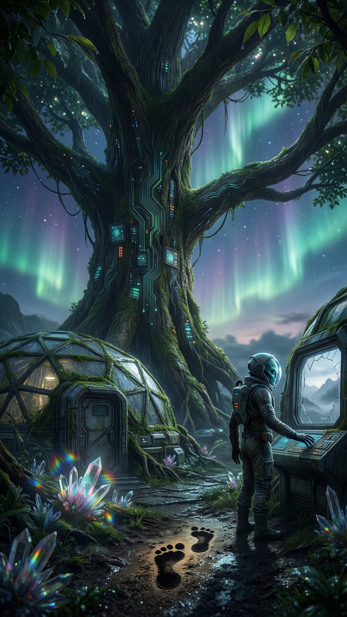 Cyberpunk Forest with Astronaut - AI generated wallpaper
