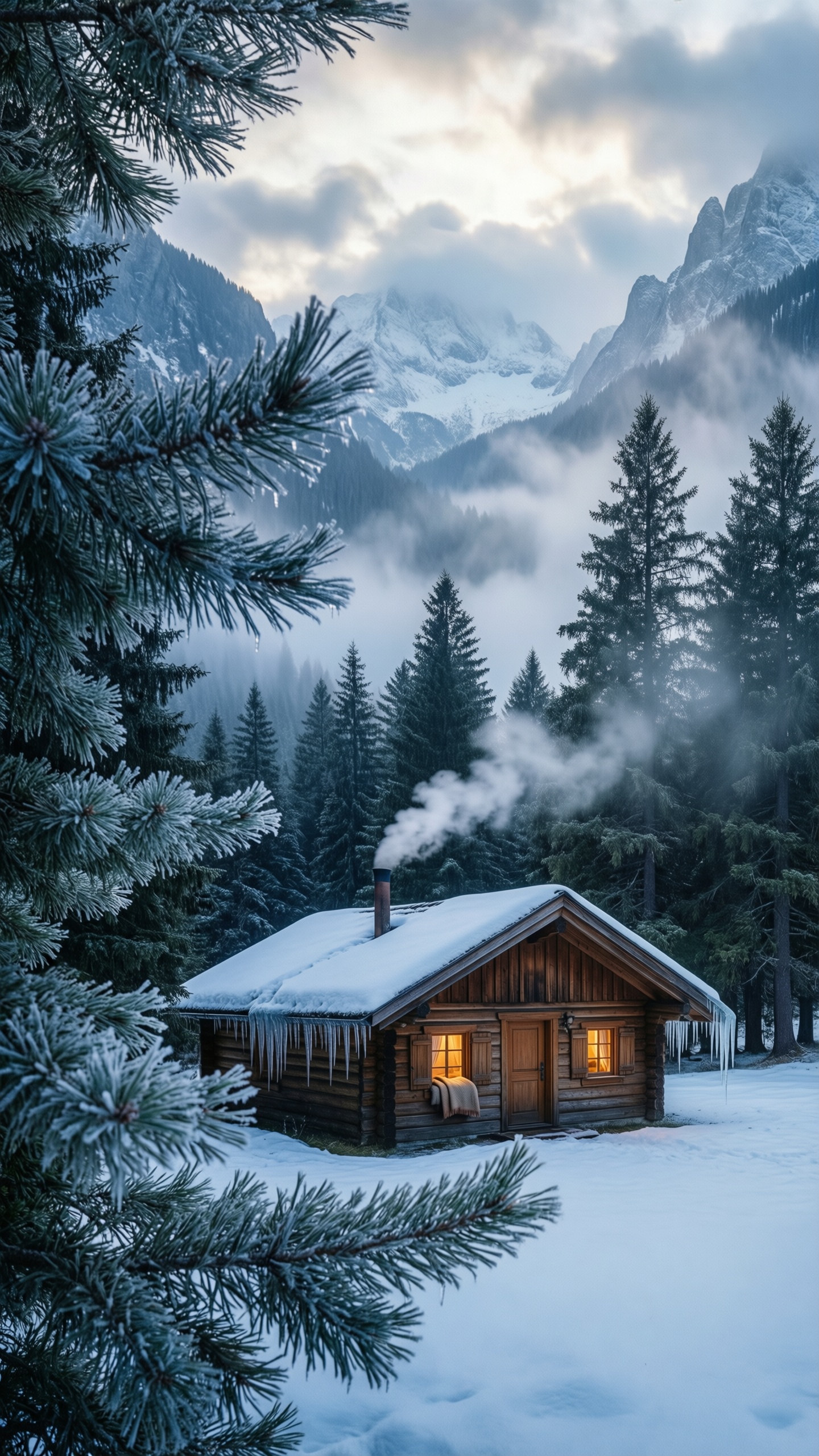 Cozy Winter Cabin In The Mountains 1 - AI generated wallpaper